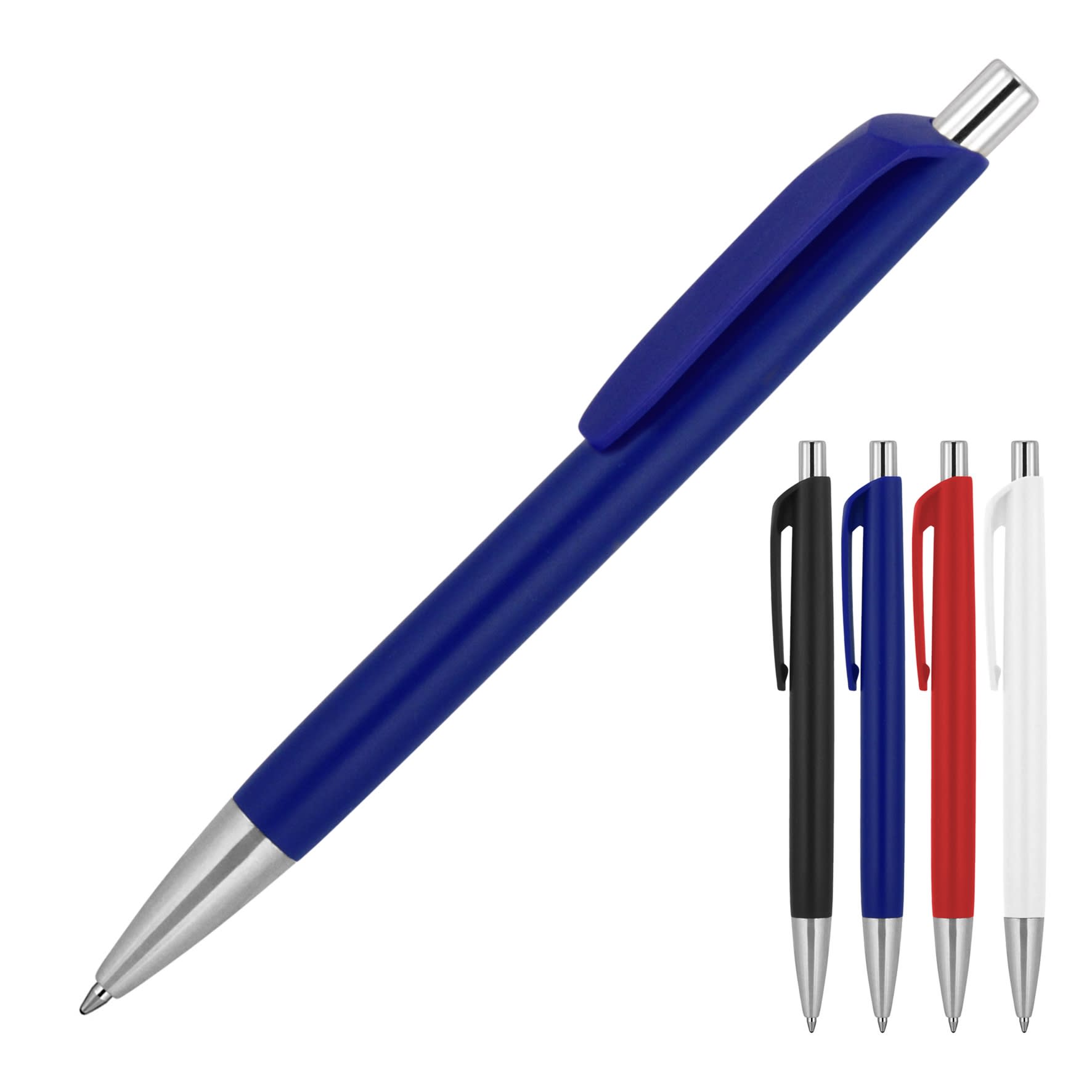 A ballpoint pen with a matte blue finish, featuring a silver tip and clip, alongside options in black, white, and red.