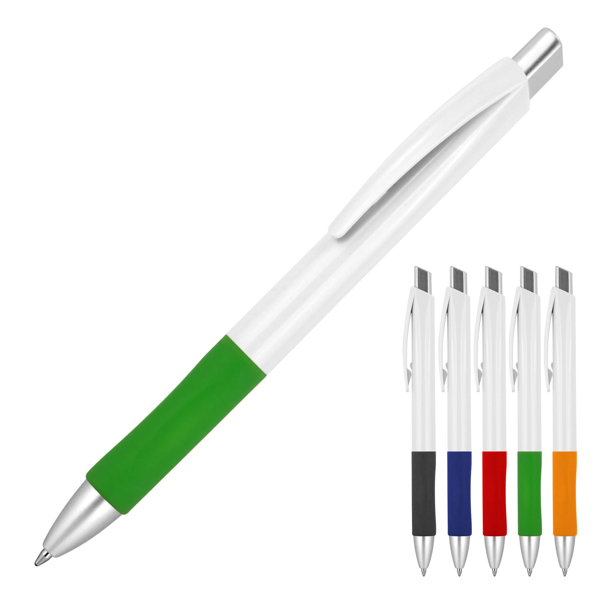 A ballpoint pen with a white barrel, featuring a green grip and a silver clip. Available in multiple colours.