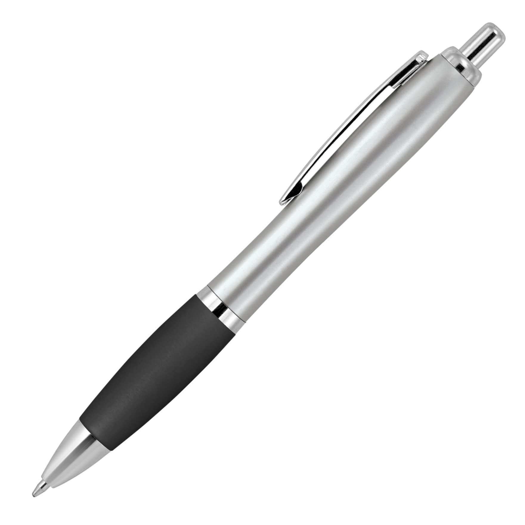 A silver ballpoint pen with a silicone grip and chrome accents, featuring a clip and a logo.