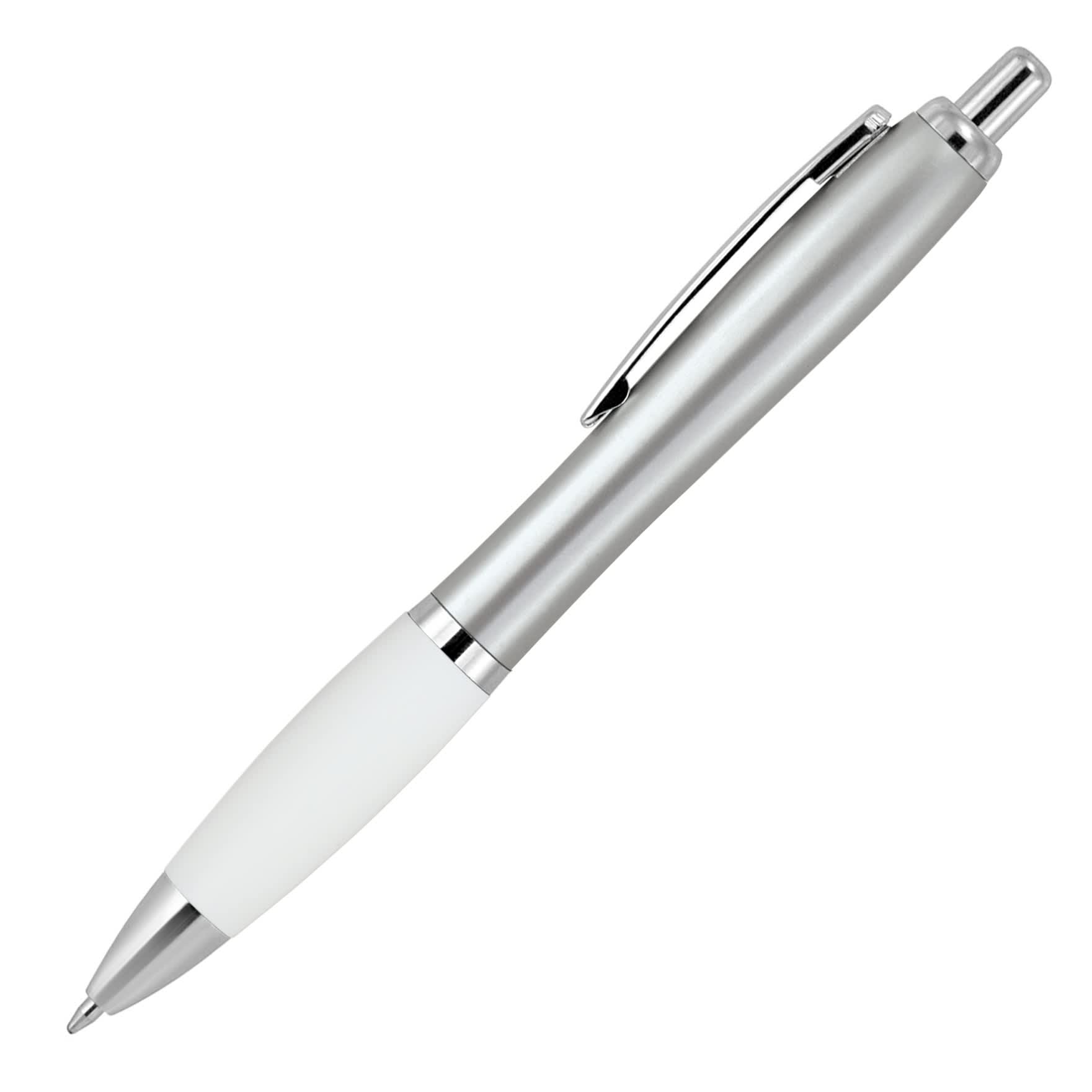 A silver ballpoint pen with a silicone grip and chrome accents, featuring a logo on the body.