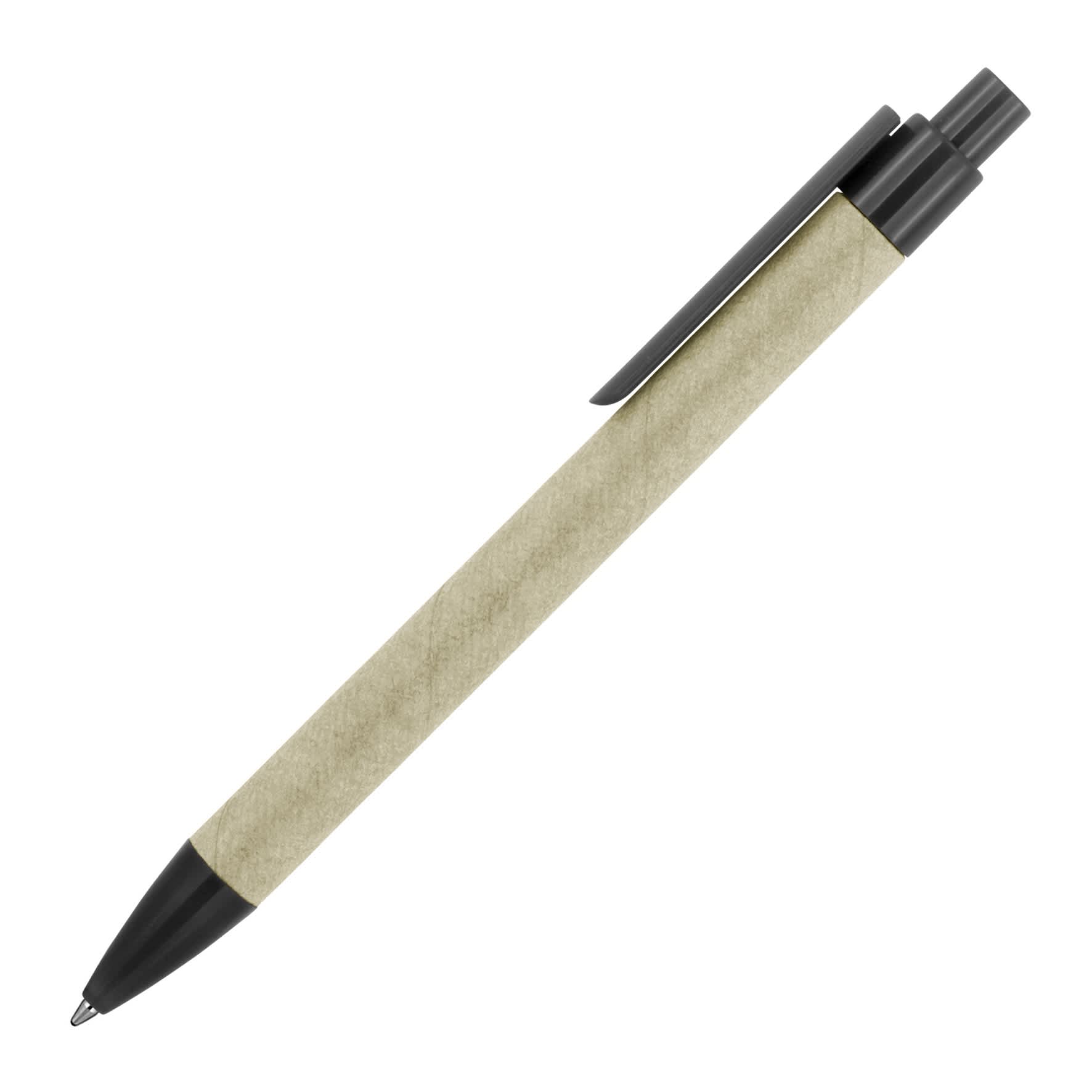 A ballpoint pen made from recycled paper with a sage green barrel and black accents, featuring a logo.