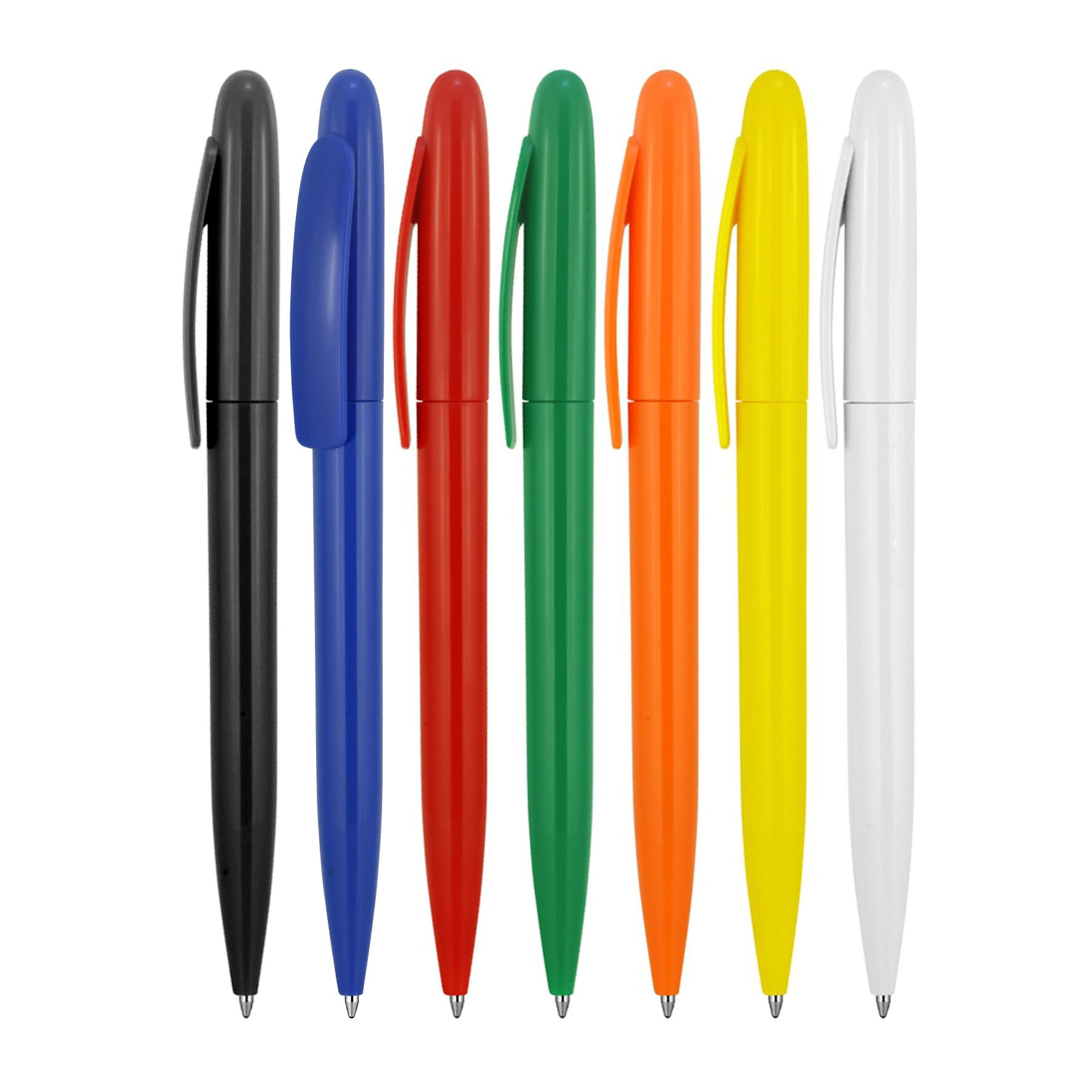 A collection of ballpoint pens in black, blue, red, green, orange, yellow, and white, displayed in a row.
