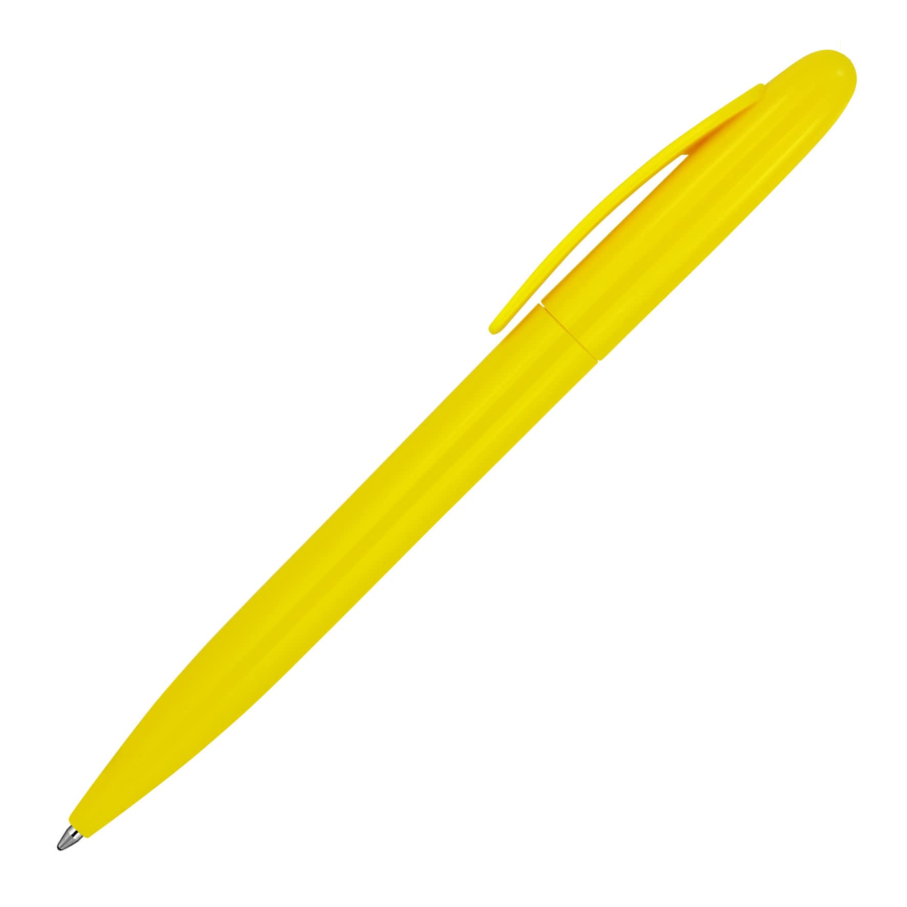A yellow ballpoint pen with a glossy finish and a clip, featuring a logo.