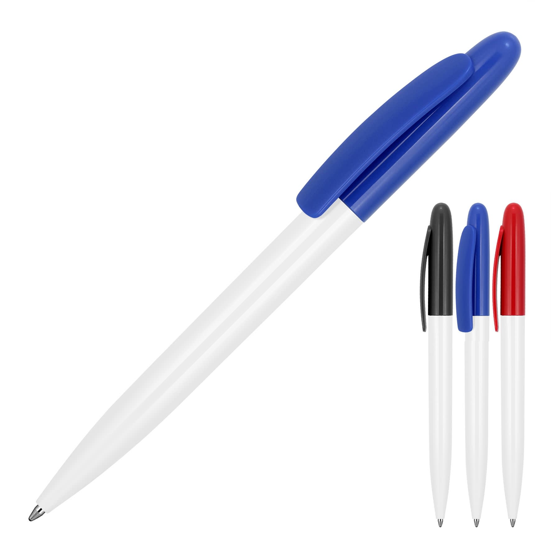 A ballpoint pen with a gloss white barrel and a blue cap, alongside black and red capped versions.