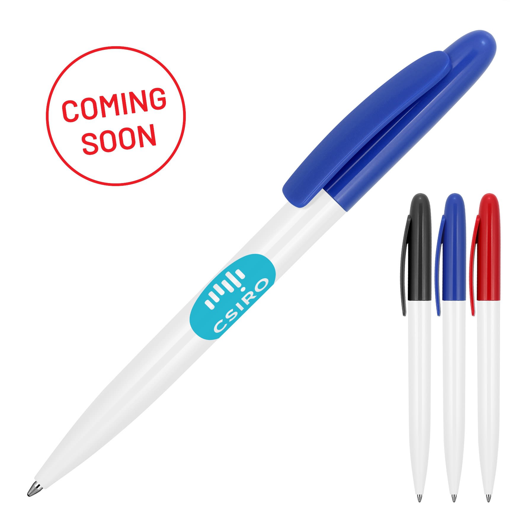 A ballpoint pen with a gloss white barrel, blue cap, and coloured accents in black and red. Includes a logo.