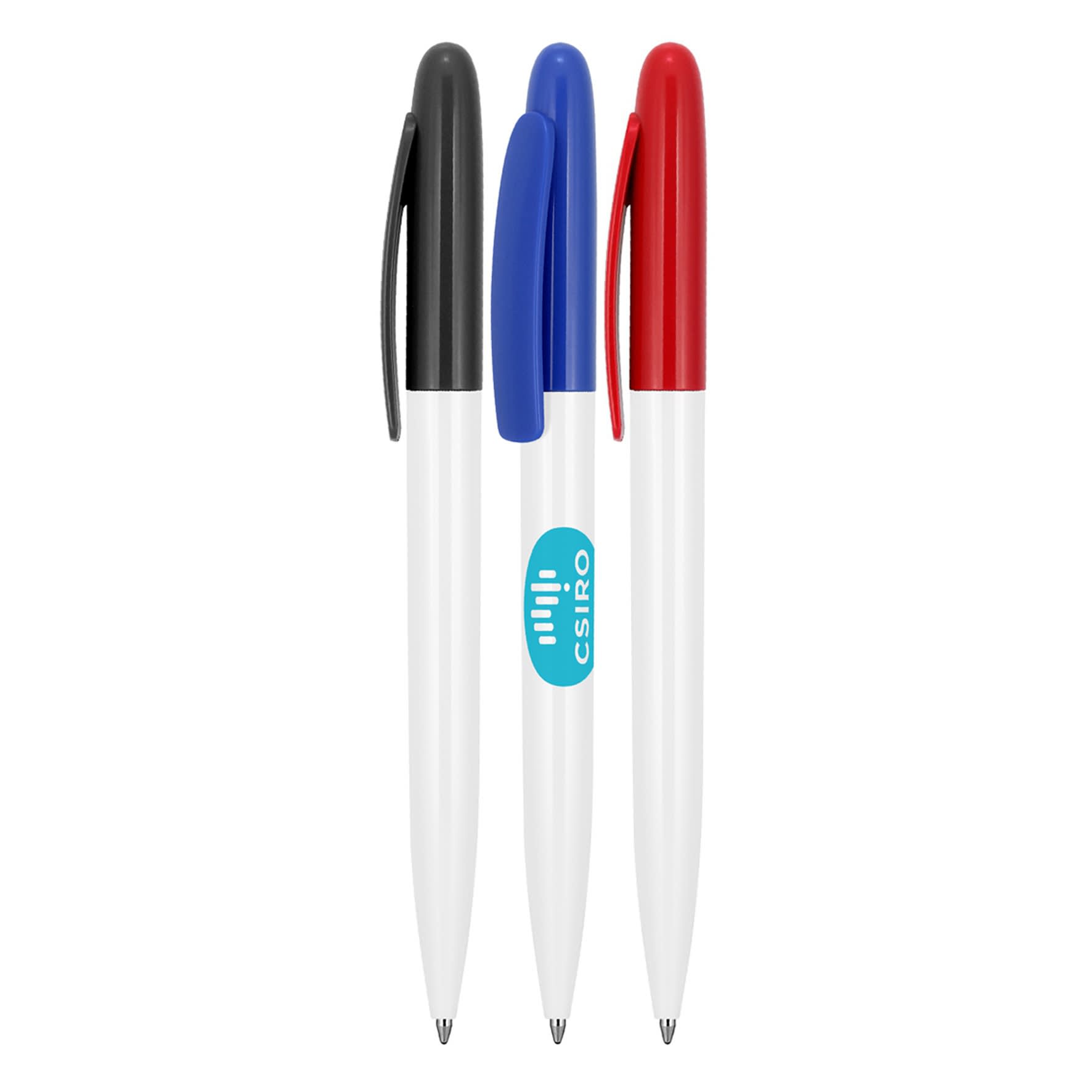 A set of three ballpoint pens in black, blue, and red, featuring a white barrel and a logo on one pen.