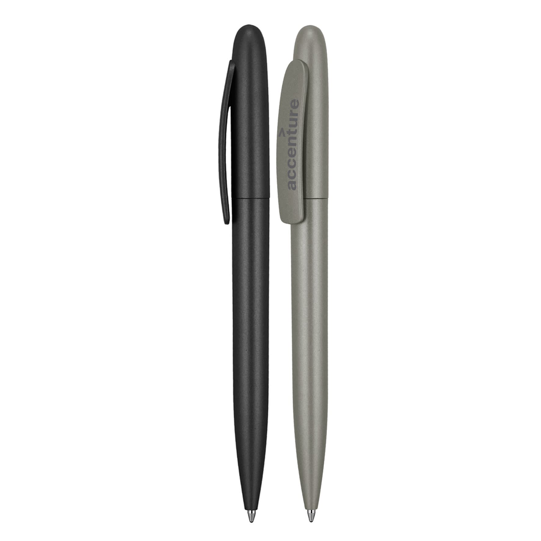 A pair of matte ballpoint pens in black and green, featuring a logo on one pen.