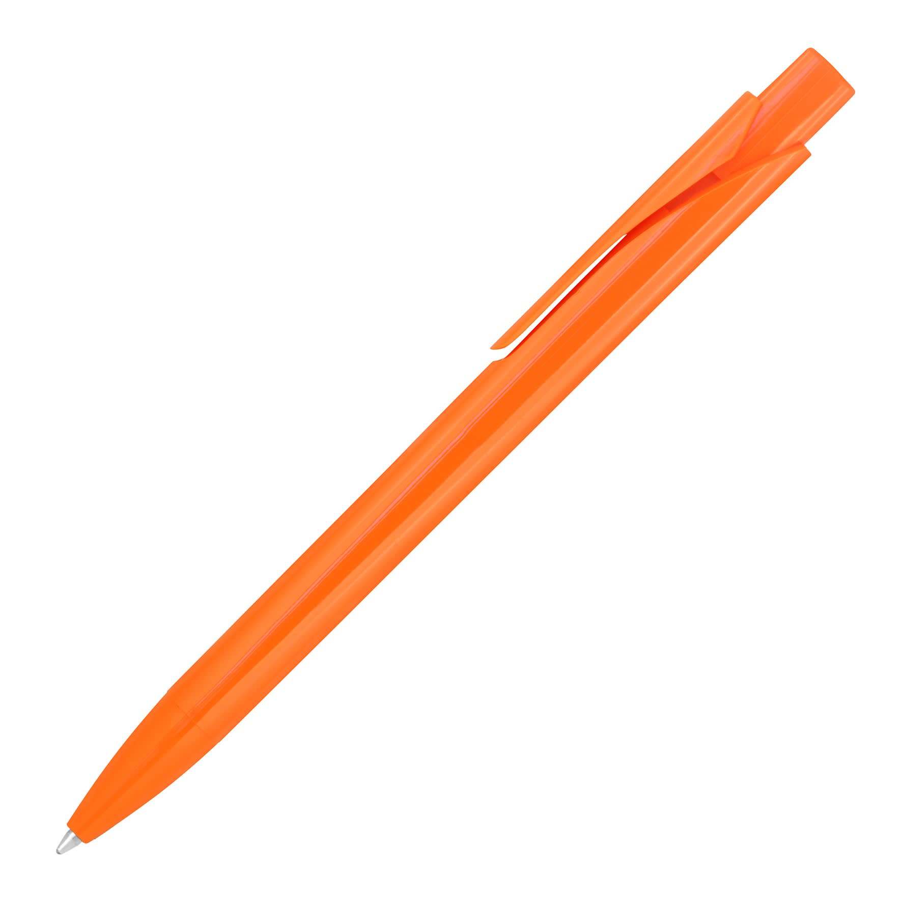 An orange ballpoint pen with a solid design and a clip for easy attachment. Features a brand logo.