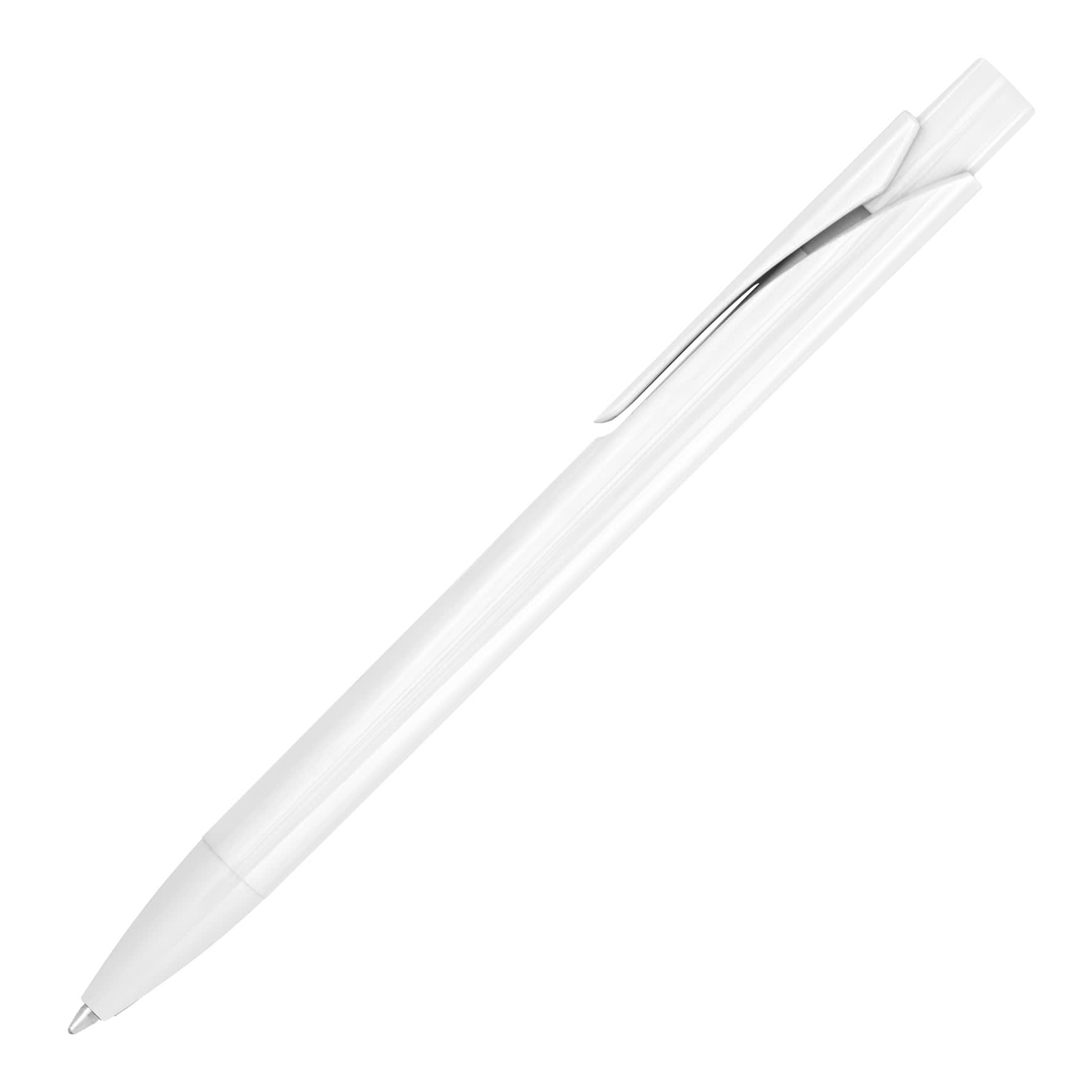 A white ballpoint pen with a solid colour body and a silver clip, featuring a logo on the side.