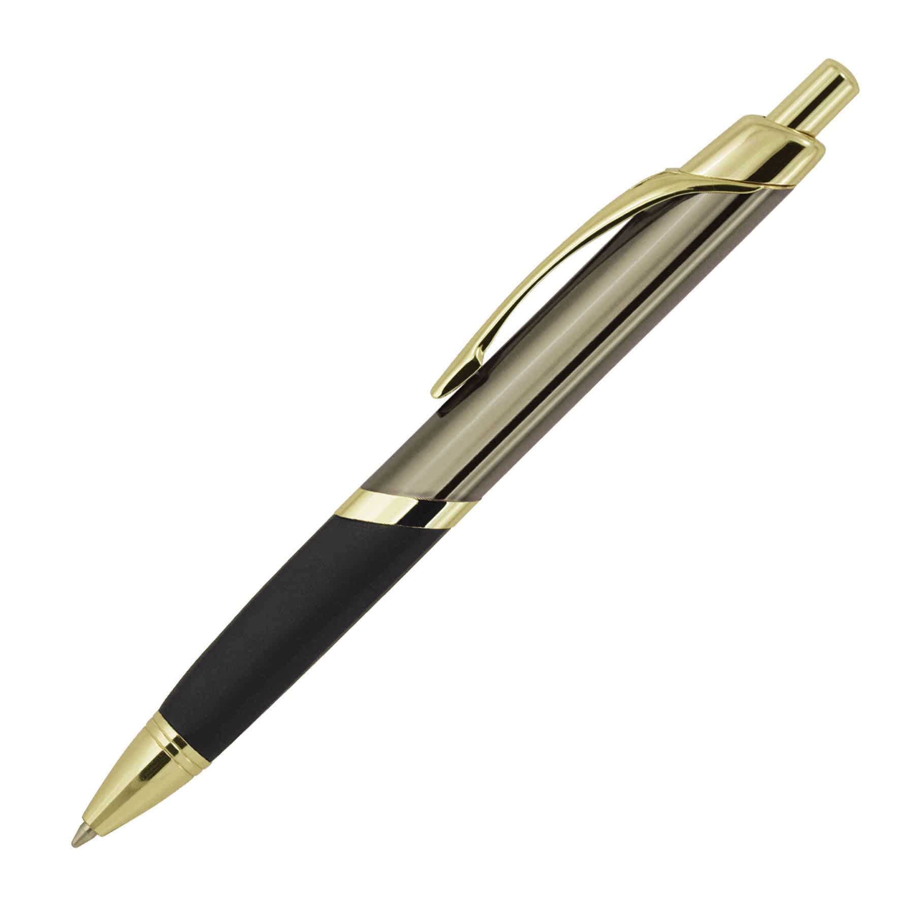 A metal ballpoint pen in grey and black, featuring a gold-toned clip and accents, with a branded logo.