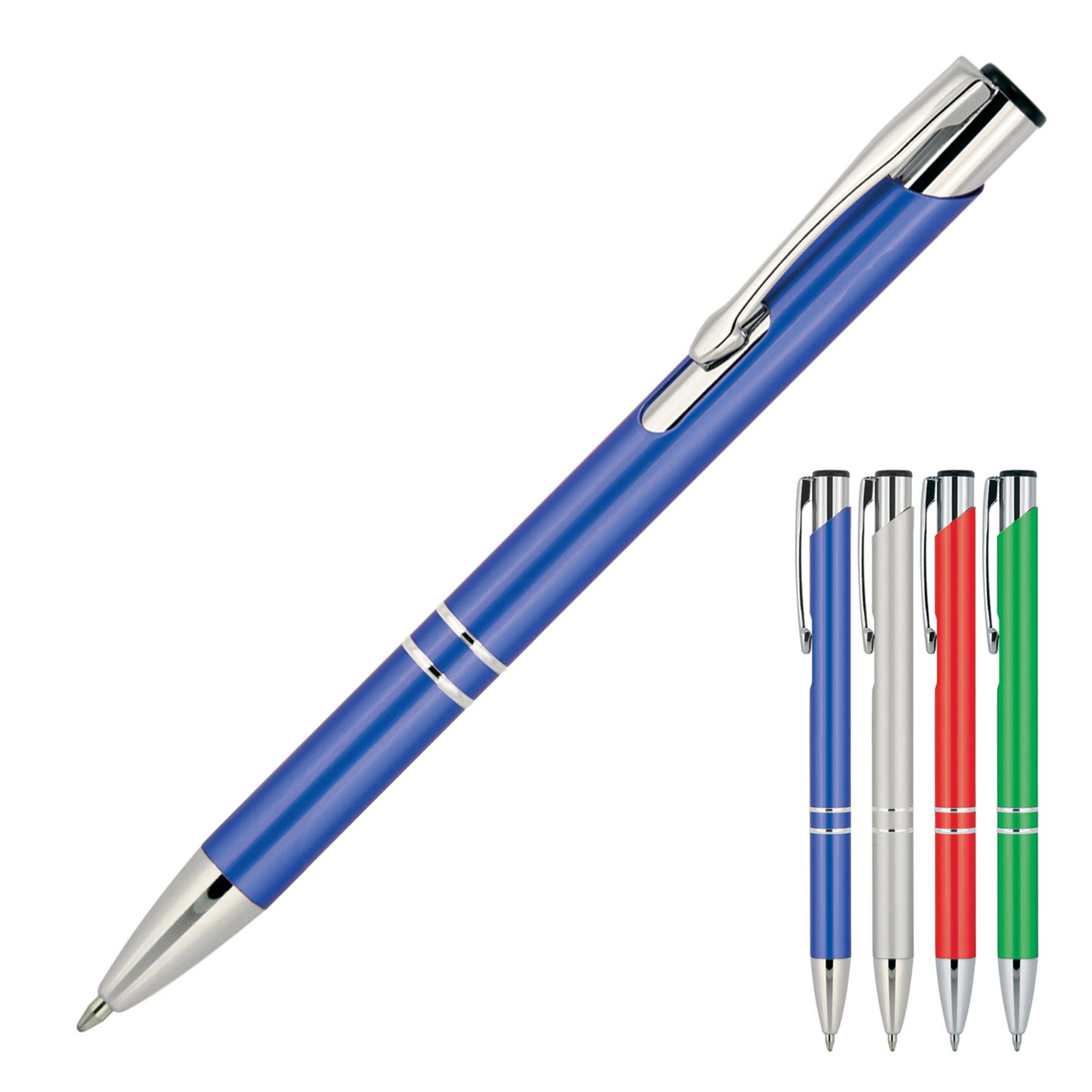 A metallic blue ballpoint pen with silver accents, alongside red, green, silver, and black pens. All have a branding logo.