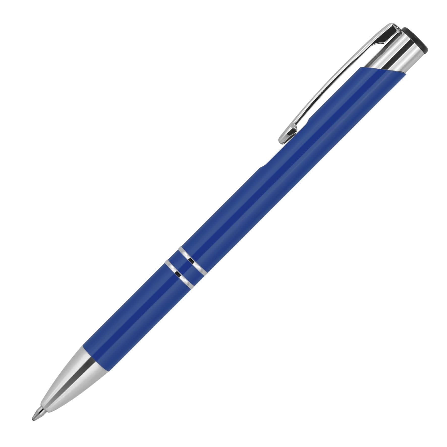 A metallic blue ballpoint pen with a silver clip and accents, featuring a logo.