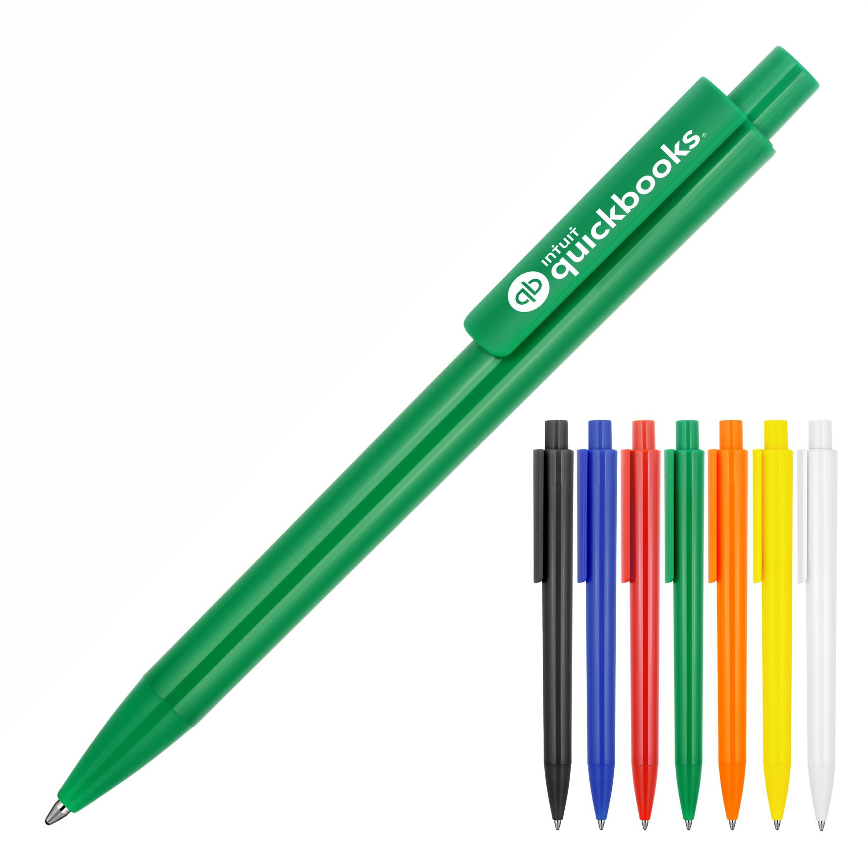 A green ballpoint pen with a clip and branding, alongside a variety of other coloured pens in black, blue, red, yellow, orange, and white.