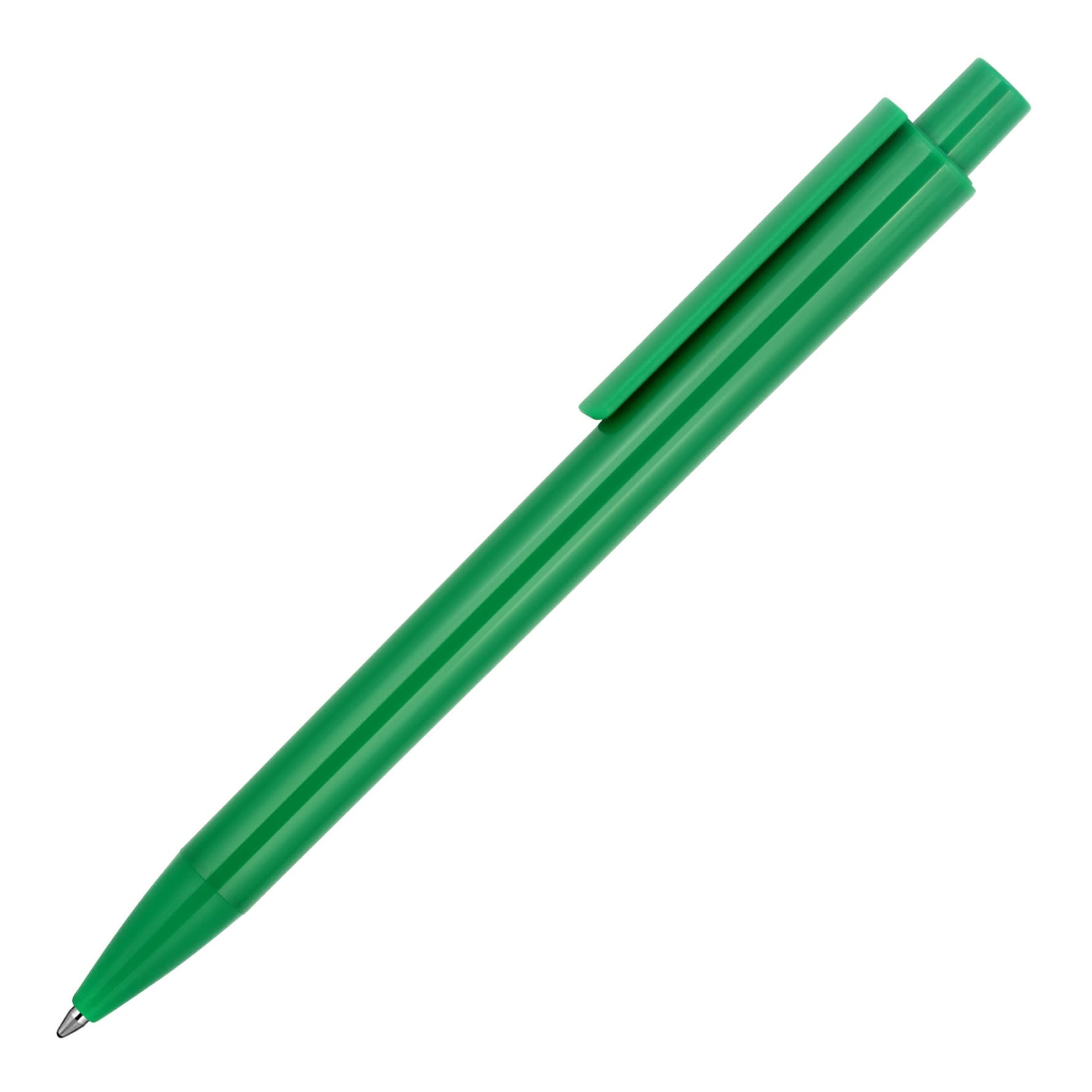 A green ballpoint pen with a glossy finish and a clip. The pen features a logo on its body.
