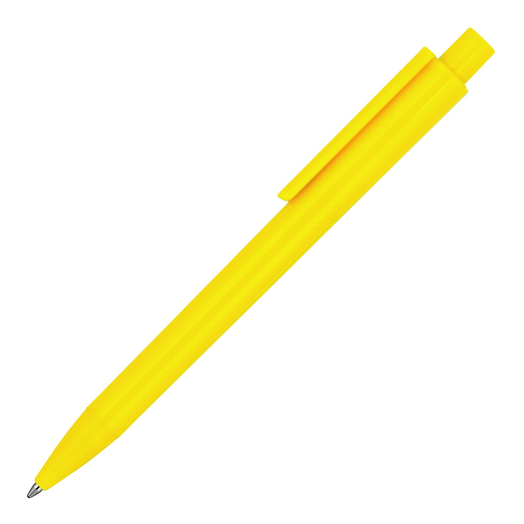 A yellow ballpoint pen with a glossy finish and a clip. Features a simple design and includes a logo.