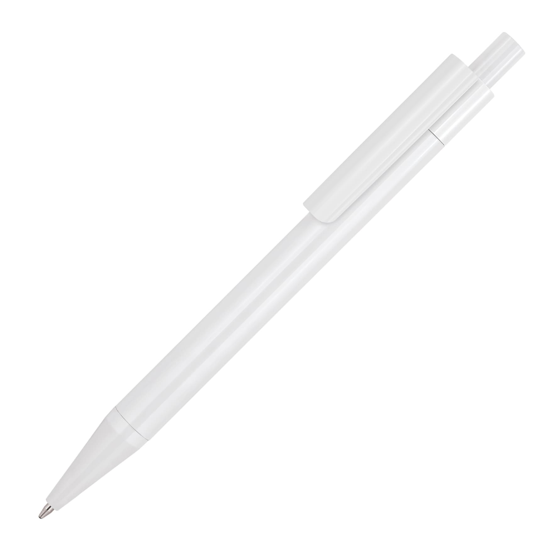 A white ballpoint pen with a glossy finish and a clip on the side. It features a branding logo.
