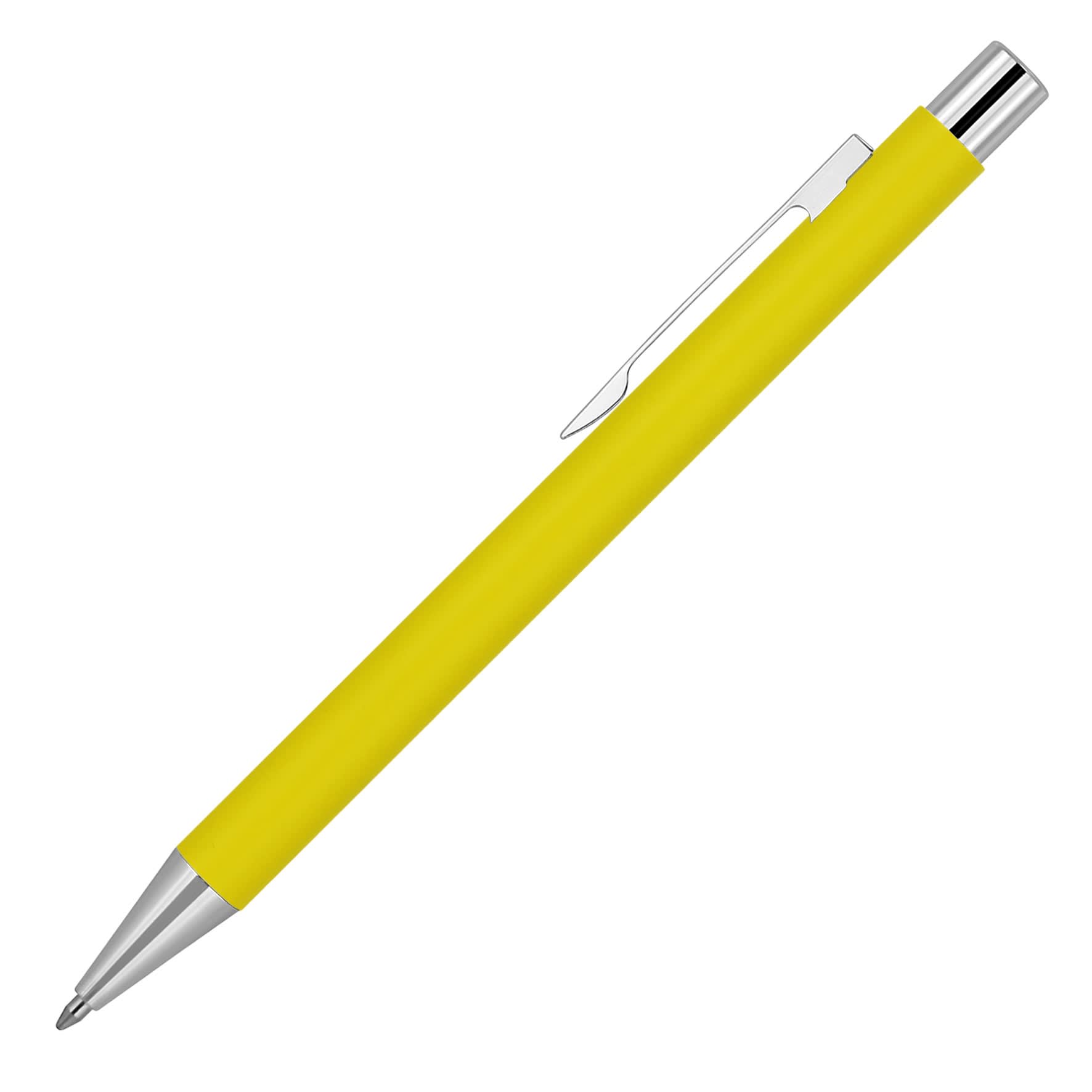 A yellow ballpoint pen with a matte finish and chrome accents, featuring a clip and a branding logo.
