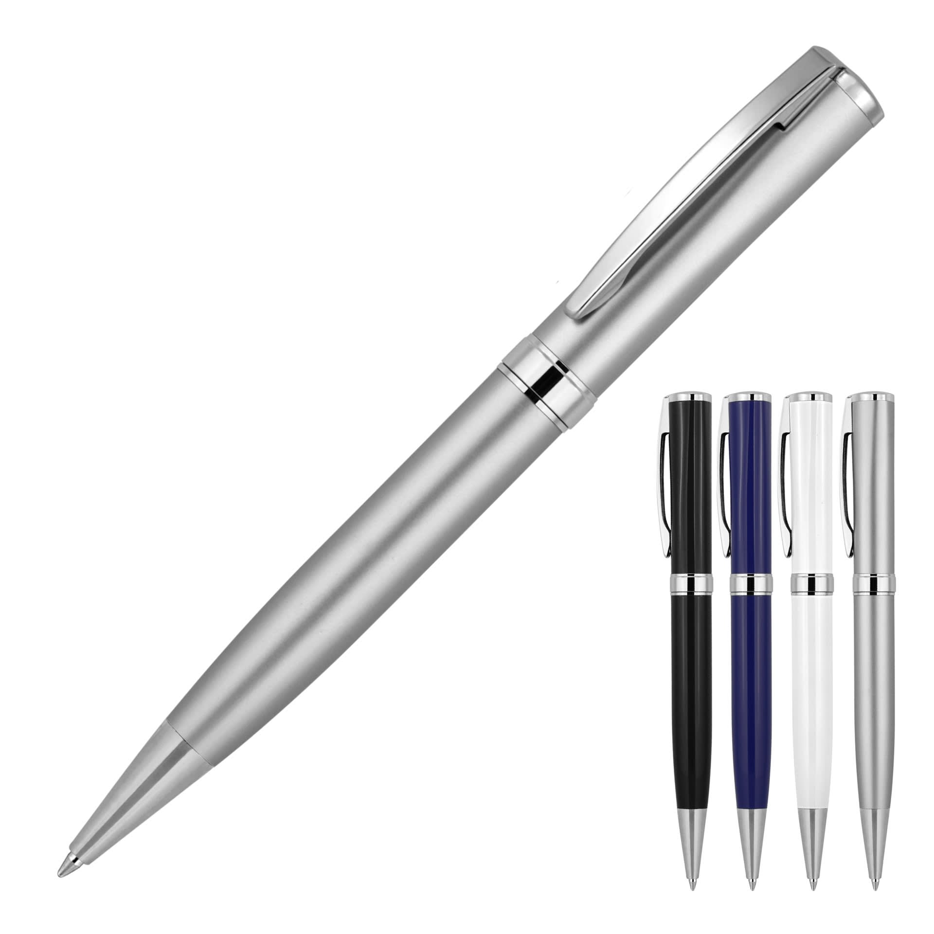A ballpoint pen named "Metal Pen Ballpoint Prestige Hector" in silver, with options in black, blue, and white.