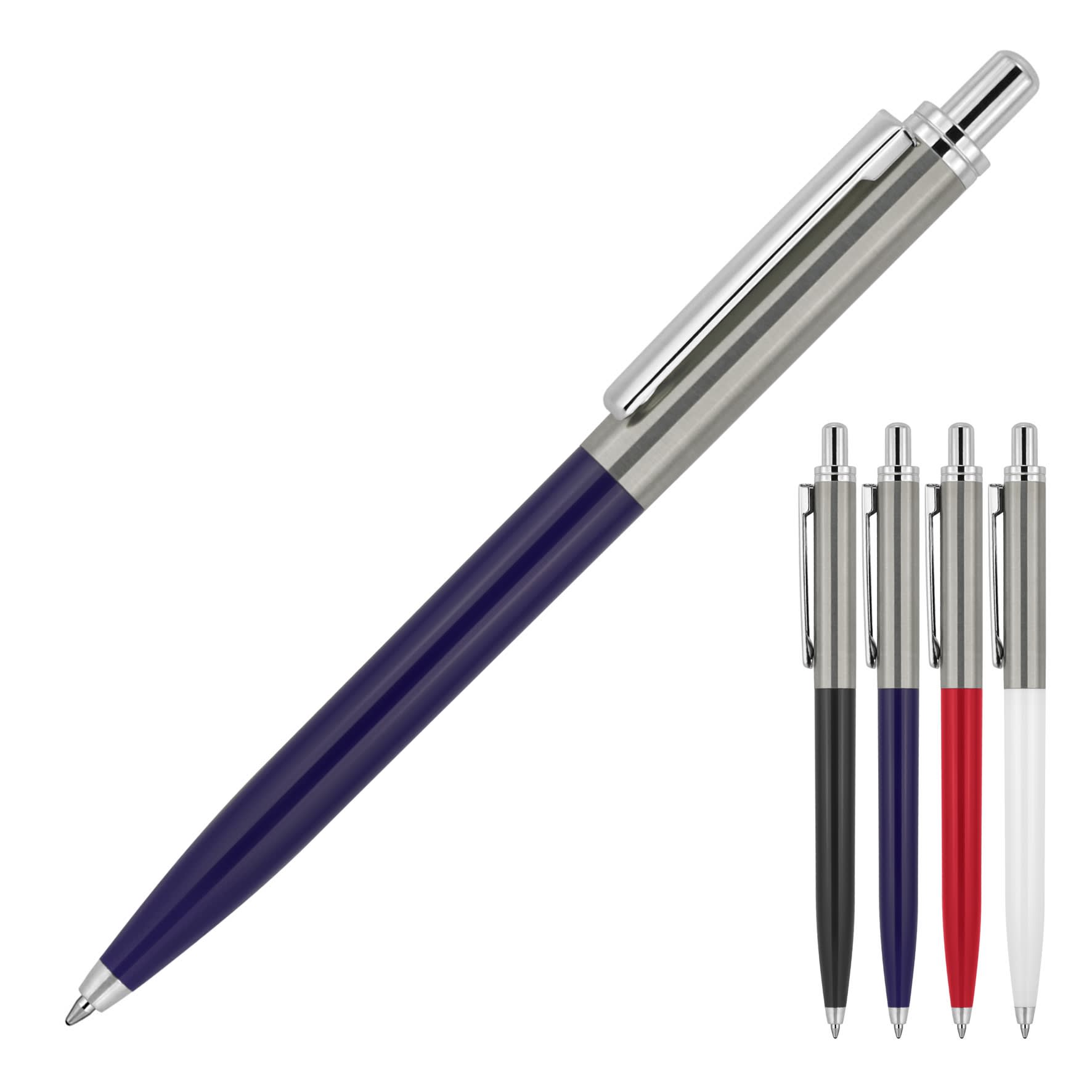 A metal ballpoint pen in blue with silver accents, alongside options in black, red, and white. Features a logo.
