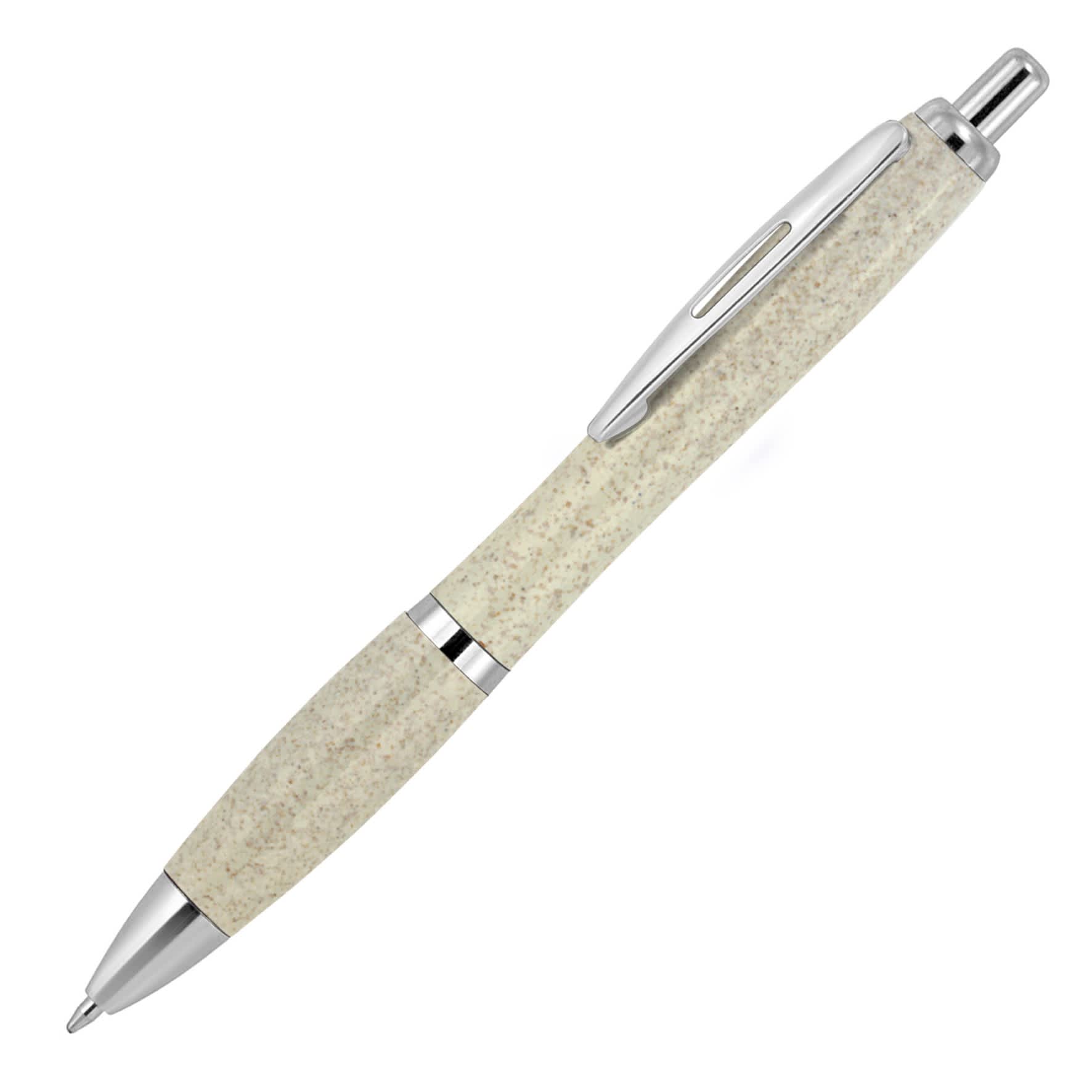 A ballpoint pen featuring a creamy white wheat straw barrel and silver accents, with a branding logo.
