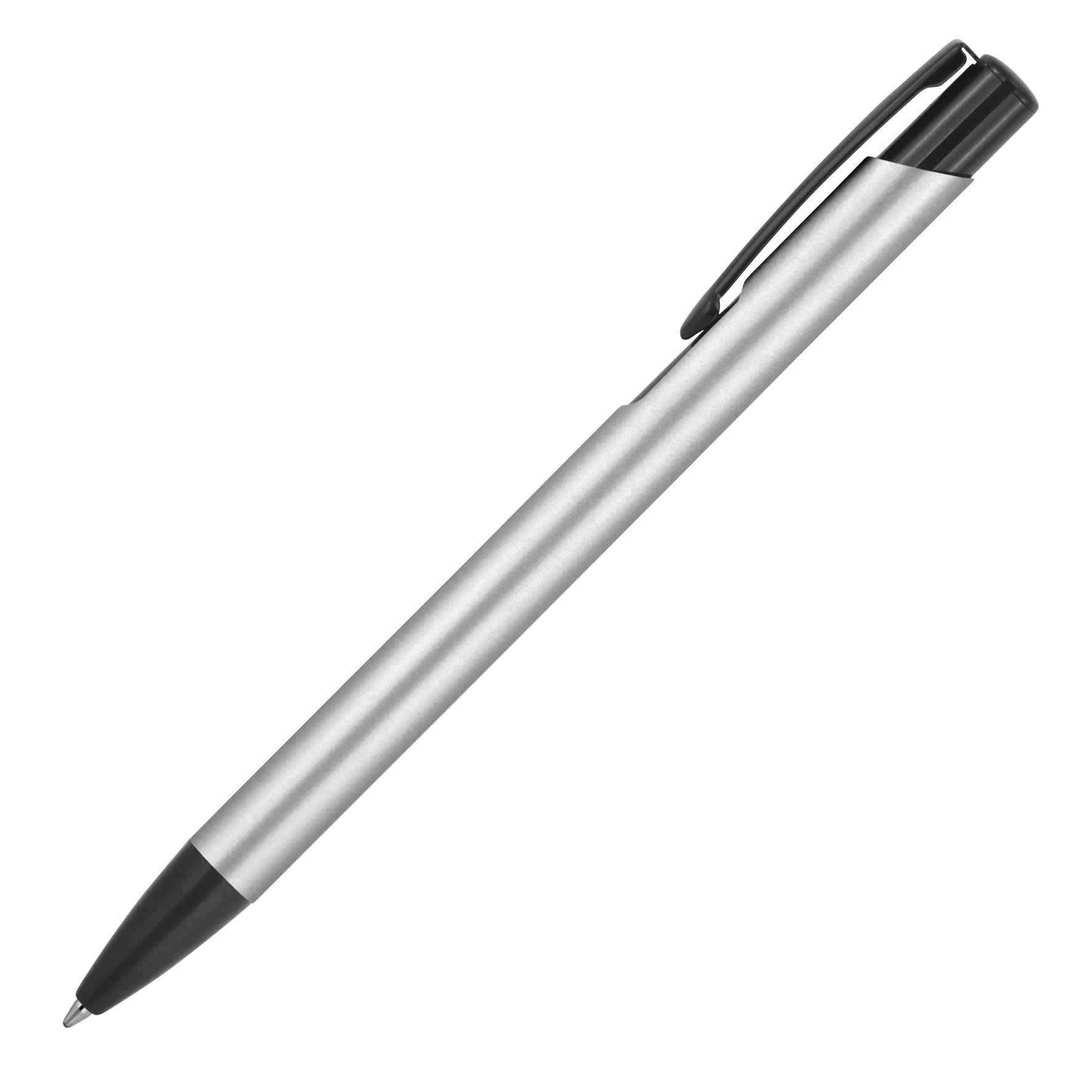 A silver ballpoint pen with a black trim and a clip for securing. It features a simple design and polished finish.