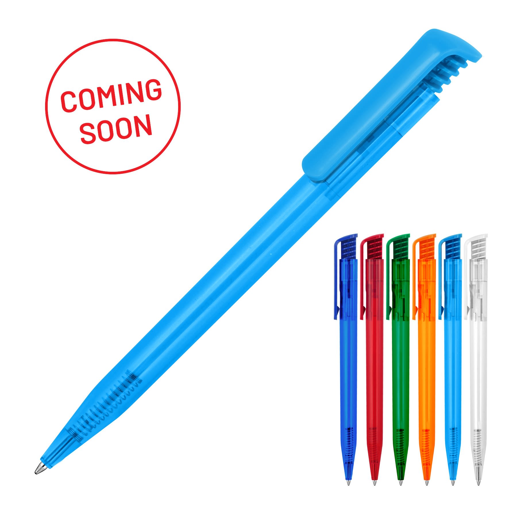 A blue ballpoint pen with a transparent barrel, featuring assorted colours in the background and a logo.