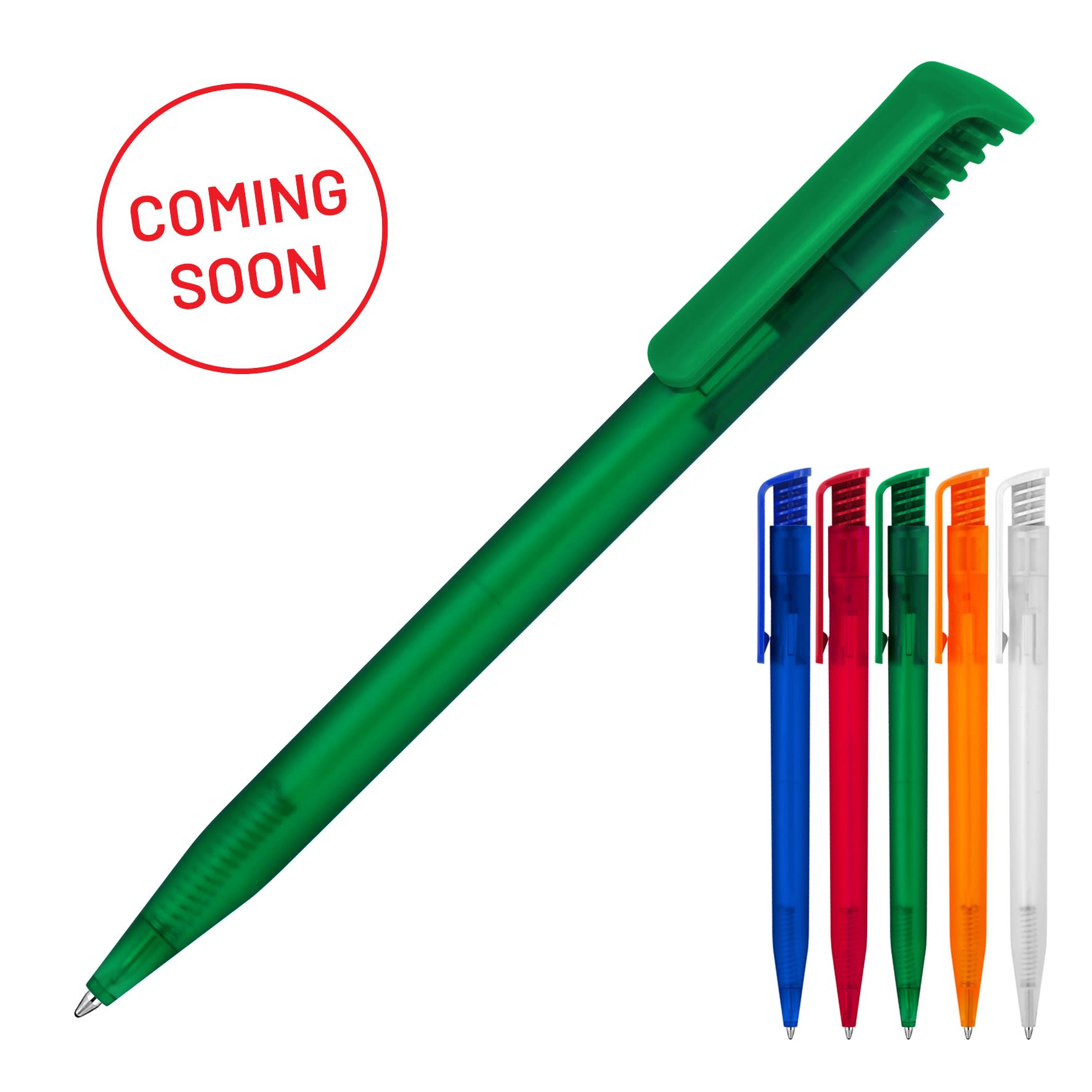 A green ballpoint pen with a transparent body and a clip, alongside other coloured pens in blue, red, orange, and white.