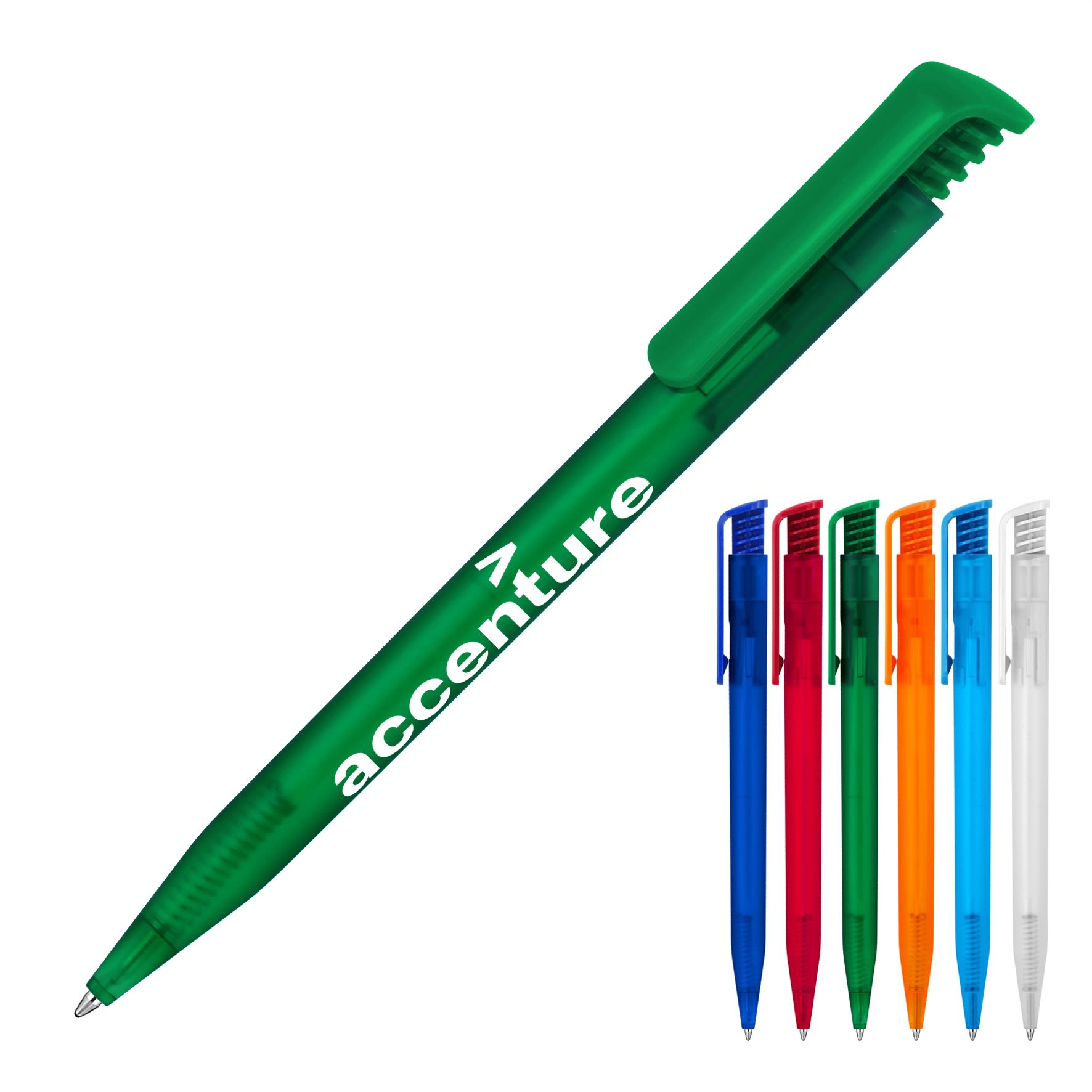 A ballpoint pen in green with a clip, alongside options in red, blue, orange, and clear with branding.