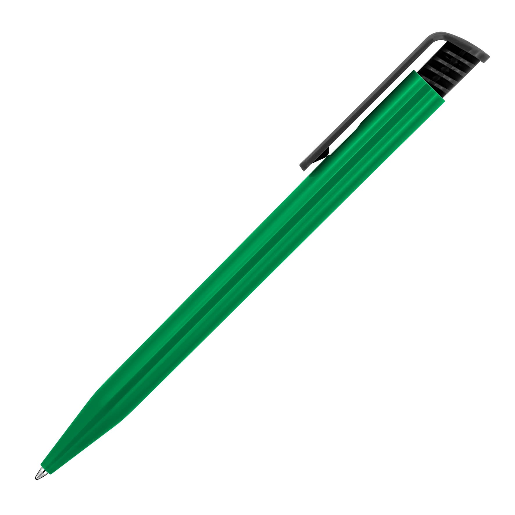 A gloss black clip plastic ballpoint pen in vibrant green, featuring a textured grip and a sleek design.