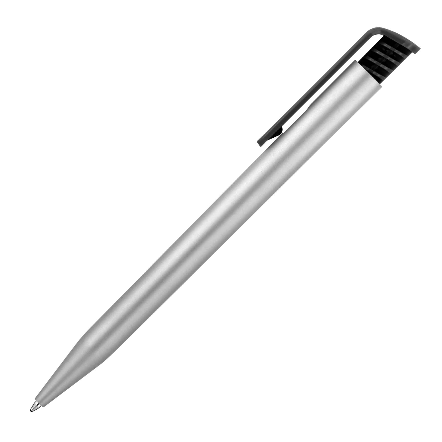 A ballpoint pen with a gloss black clip and a sleek silver barrel. The pen has a minimalist design and features a logo.