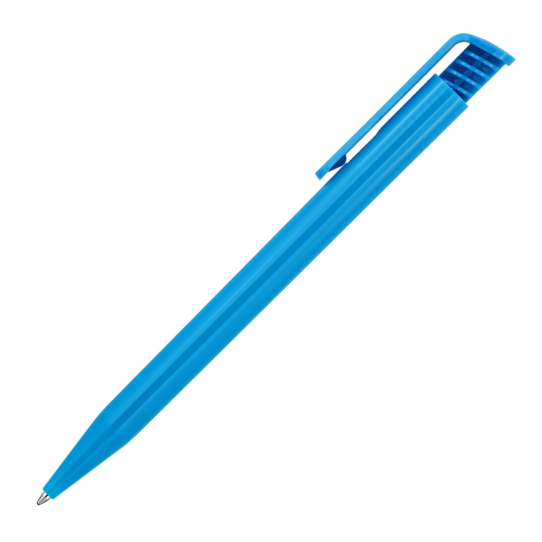 A blue plastic ballpoint pen with a distinctive clip design and a glossy finish. It features branding on its body.