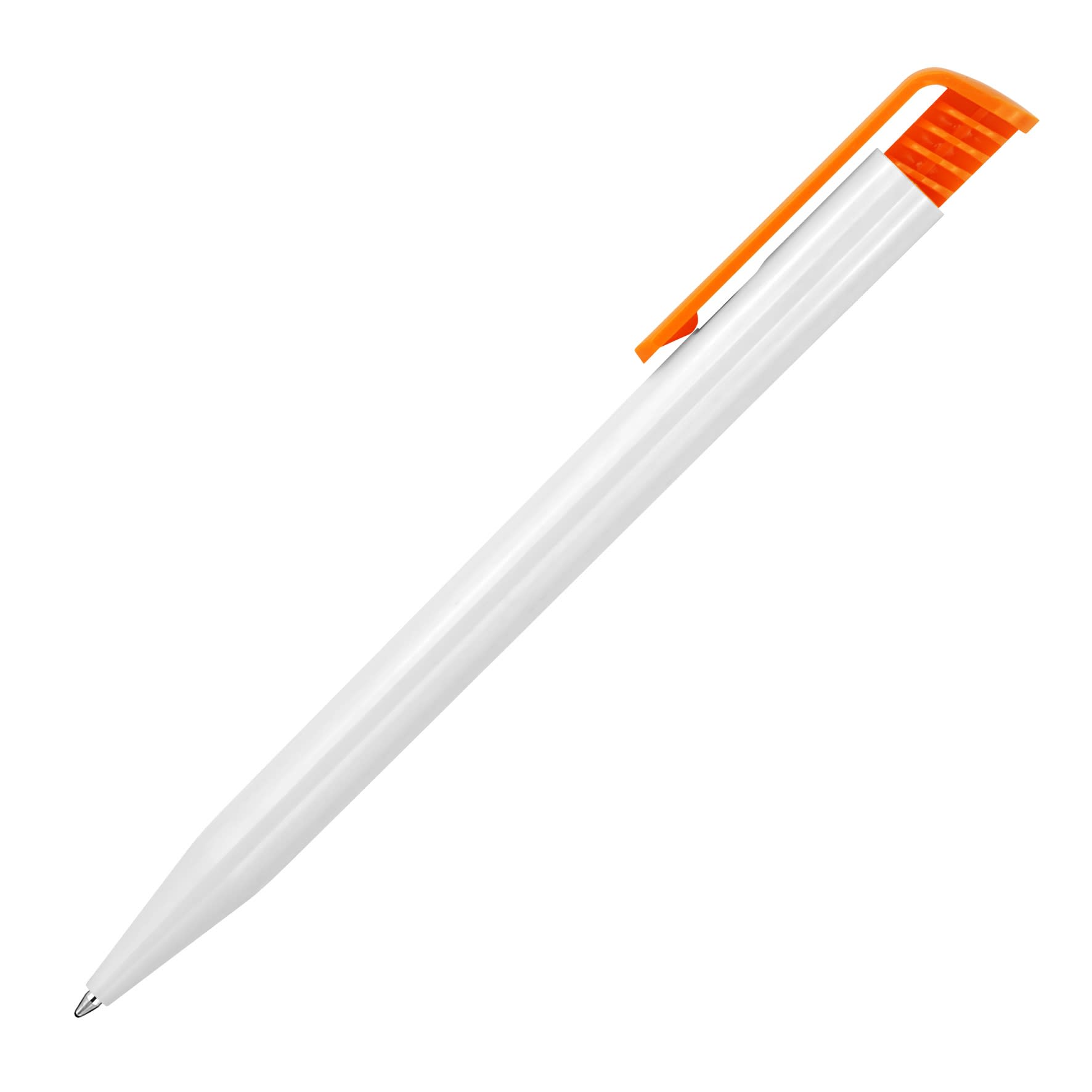 A plastic ballpoint pen in gloss white with an orange clip and grip. Features a simple design with a logo.