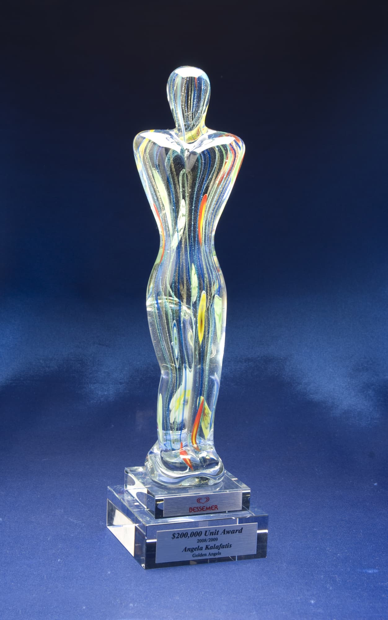 Art Glass Trophy - Coloured Glass Figurine with Double Base & Printed Plate