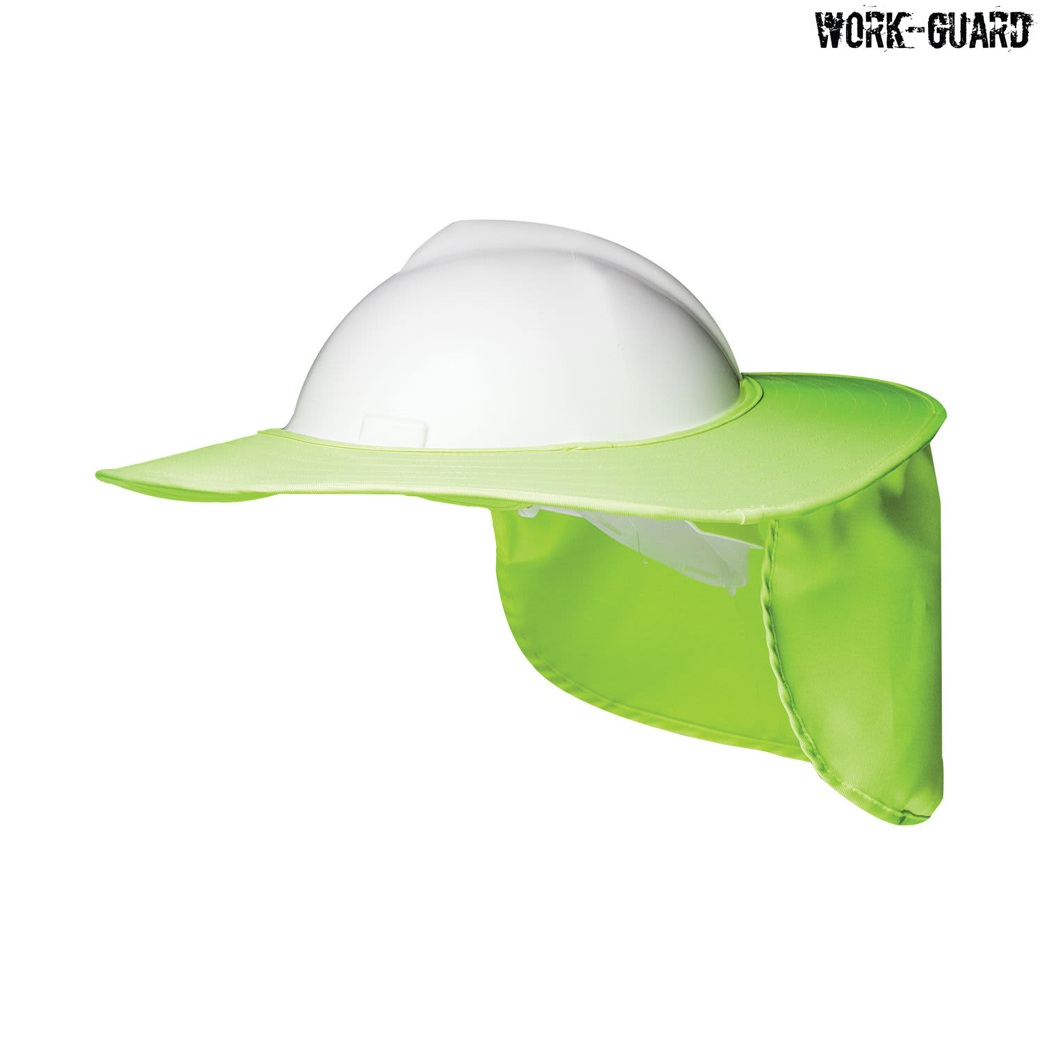 A white hard hat with a bright green protective brim and neck flap, featuring a logo on the brim.