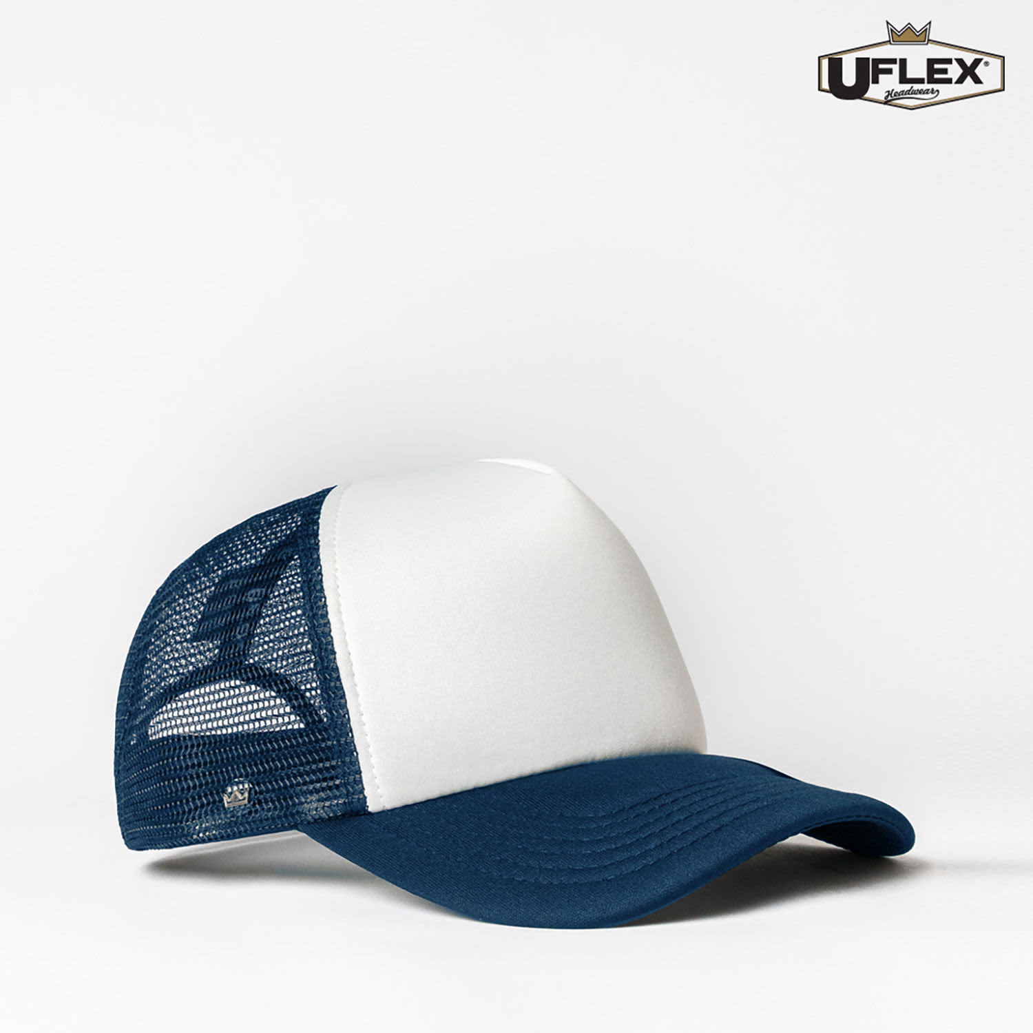 A navy and white snap back trucker cap featuring a mesh back and a logo on the front.