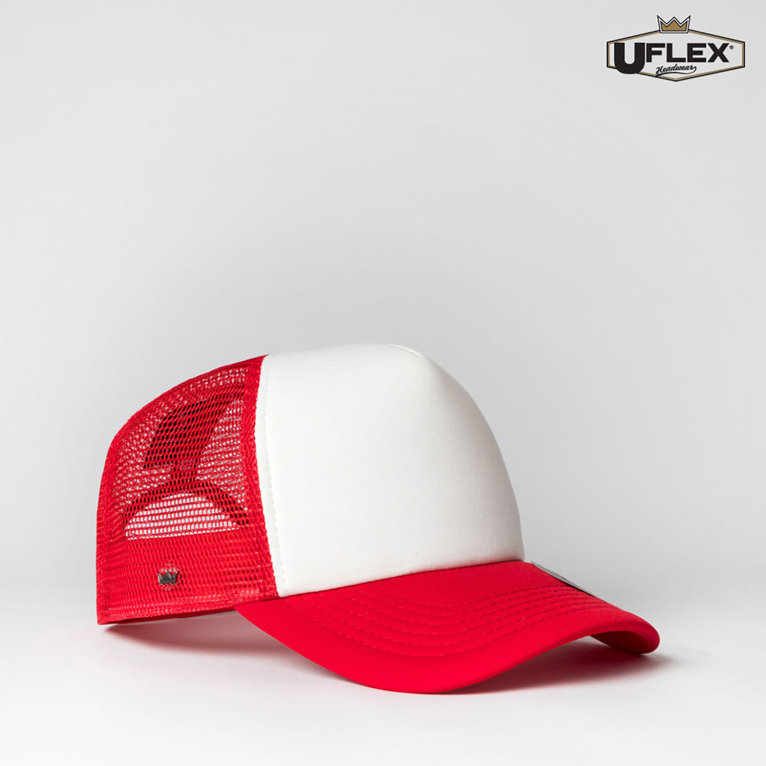 A red and white Snap Back Trucker cap featuring a mesh back and a branding logo on the side.