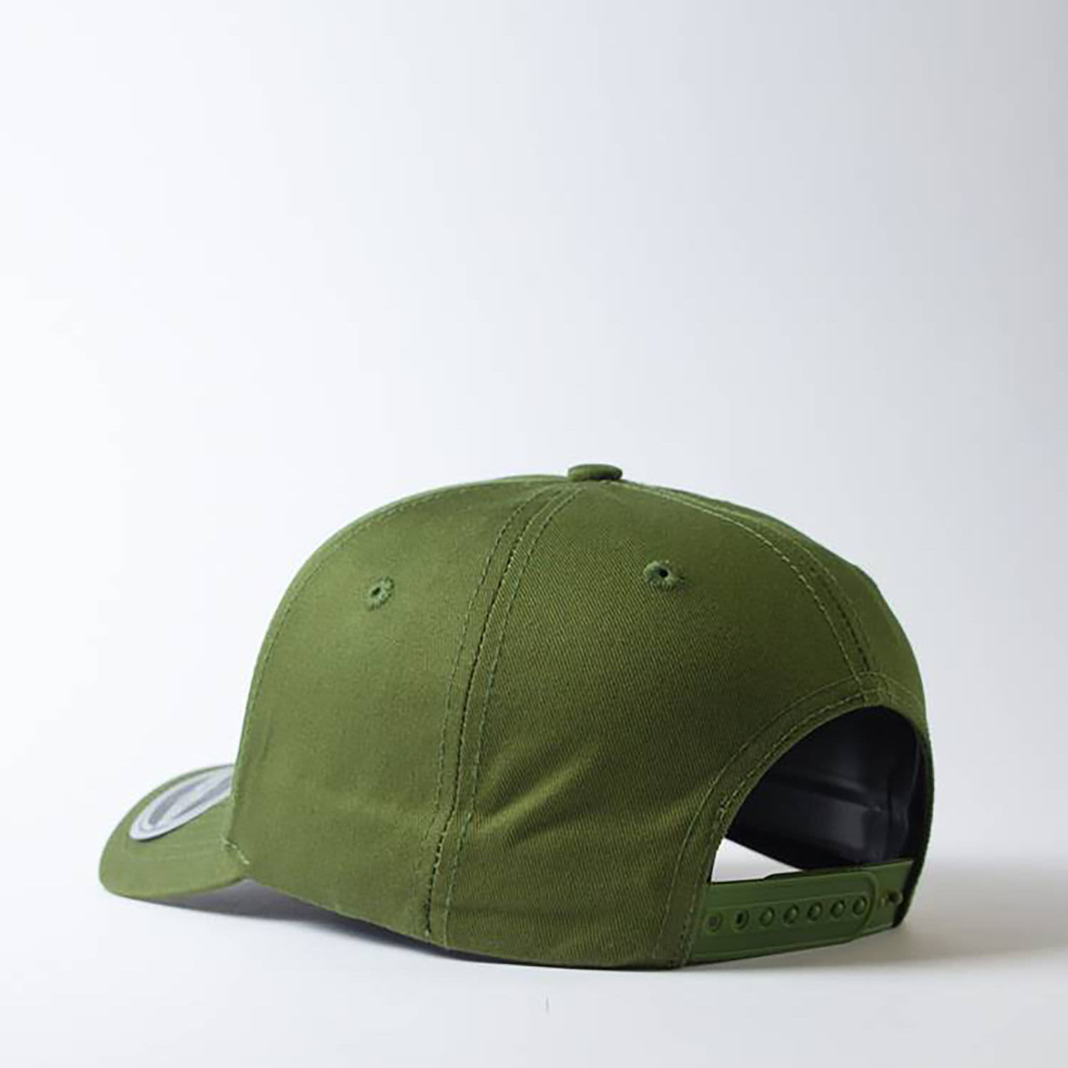 A green five-panel snapback cap with a curved brim and an adjustable strap at the back. Features a logo.