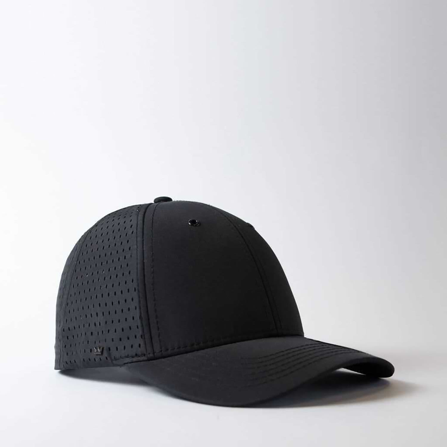 A black curved peak snapback cap featuring a perforated design and a logo.