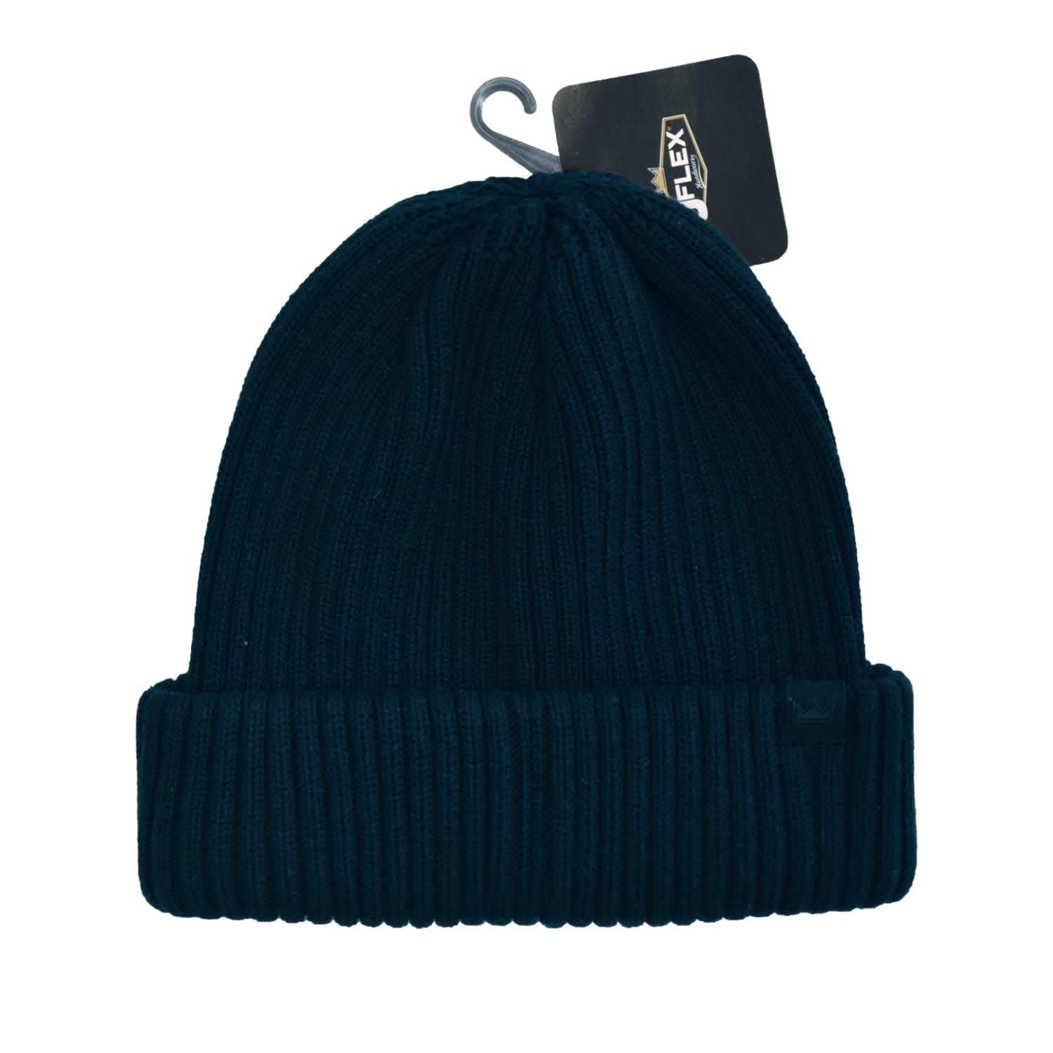 A navy blue Fisherman's Beanie with a ribbed texture and a tag attached.