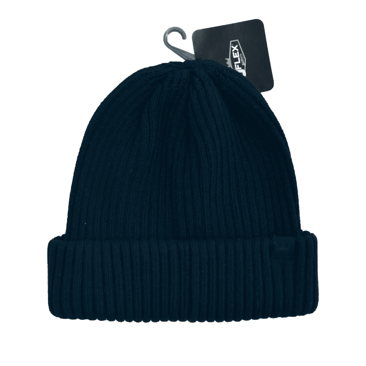 A navy Fisherman's Beanie featuring a ribbed texture and a label attached.