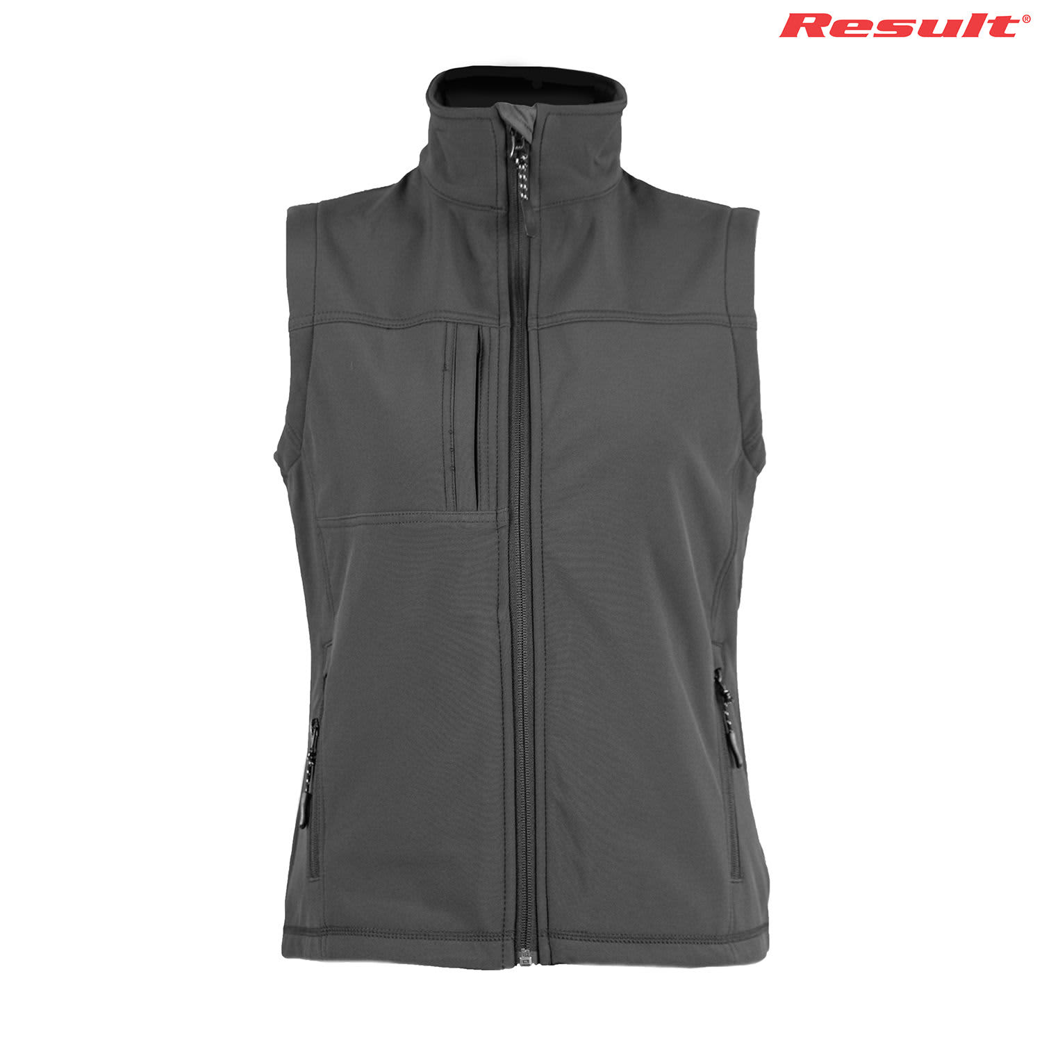 A grey ladies' classic softshell vest featuring a high collar and multiple zippered pockets, with branding.