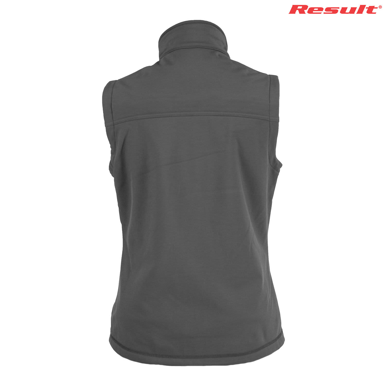 A grey softshell vest with a high collar and a logo in the top right corner.