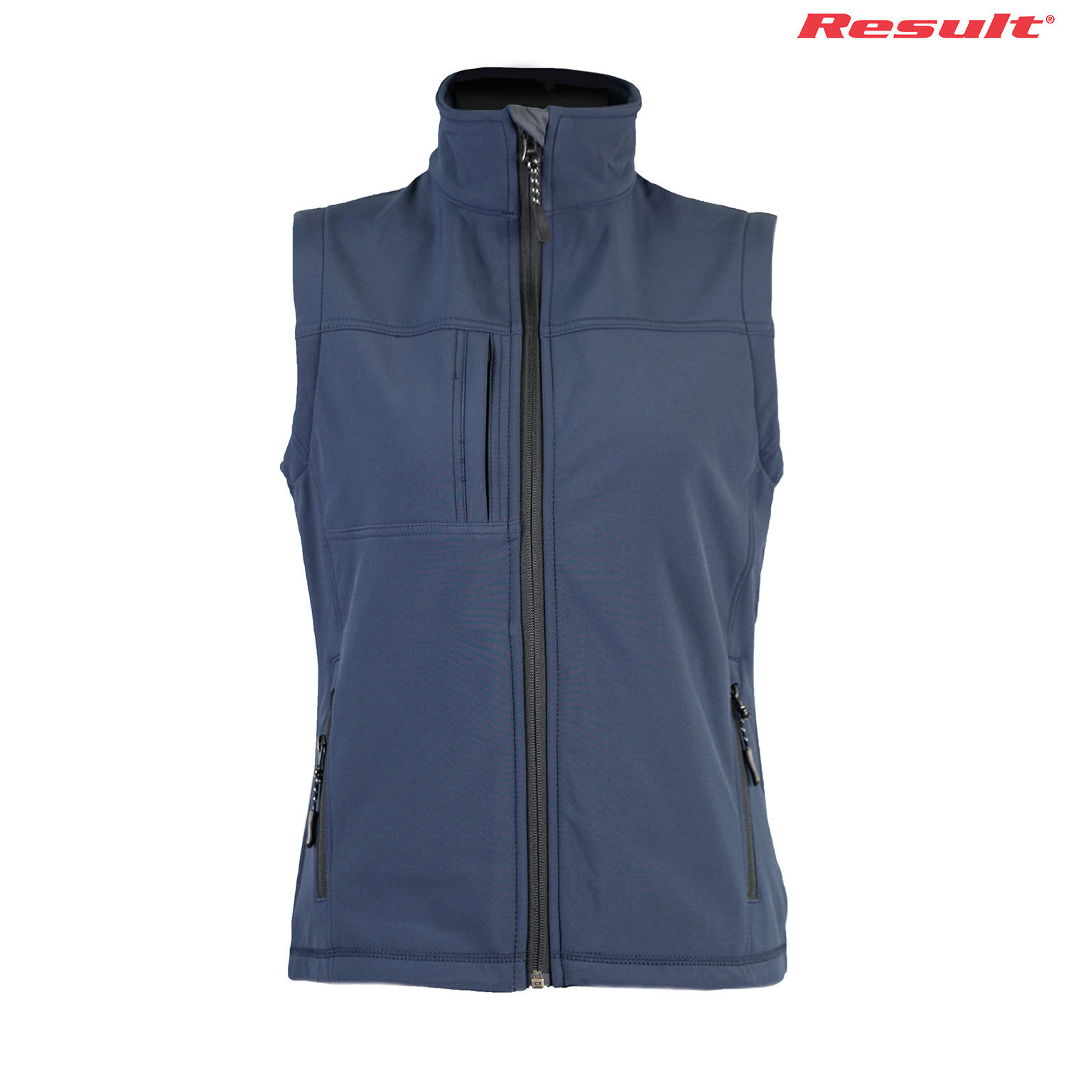 A navy blue softshell vest featuring a high collar and zippered front pockets, with a logo on the top right.