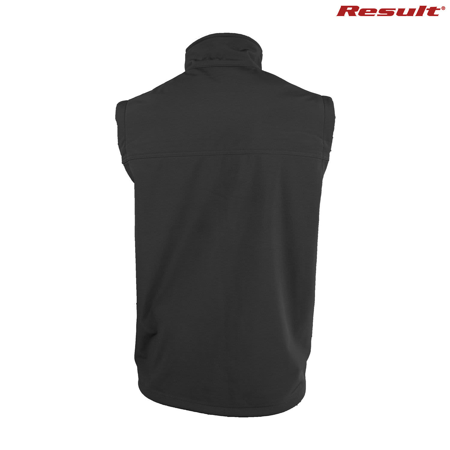 A black adults classic softshell vest with a high collar and a logo at the top.