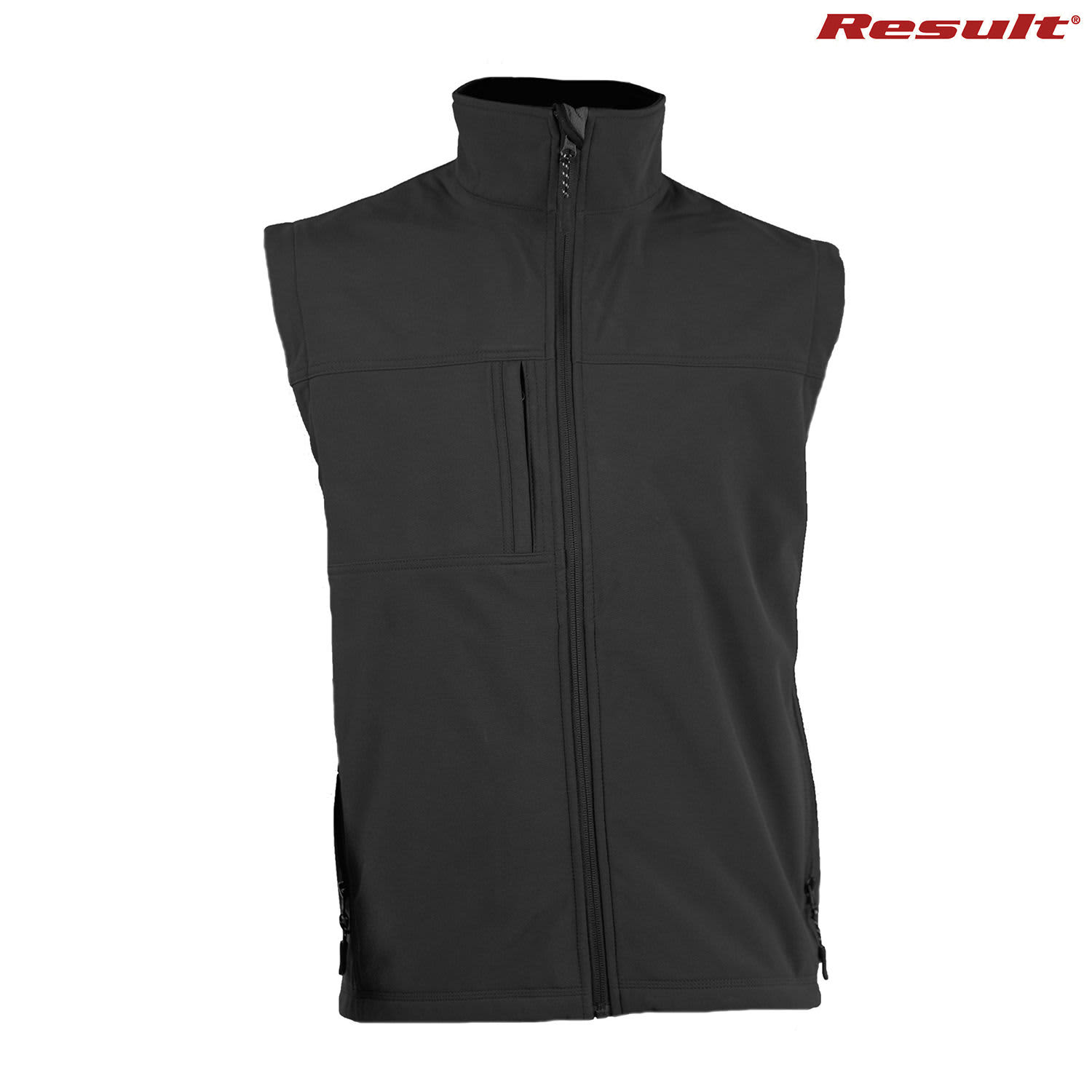 A black softshell vest with a high collar and zip pockets, featuring a logo on the top right.