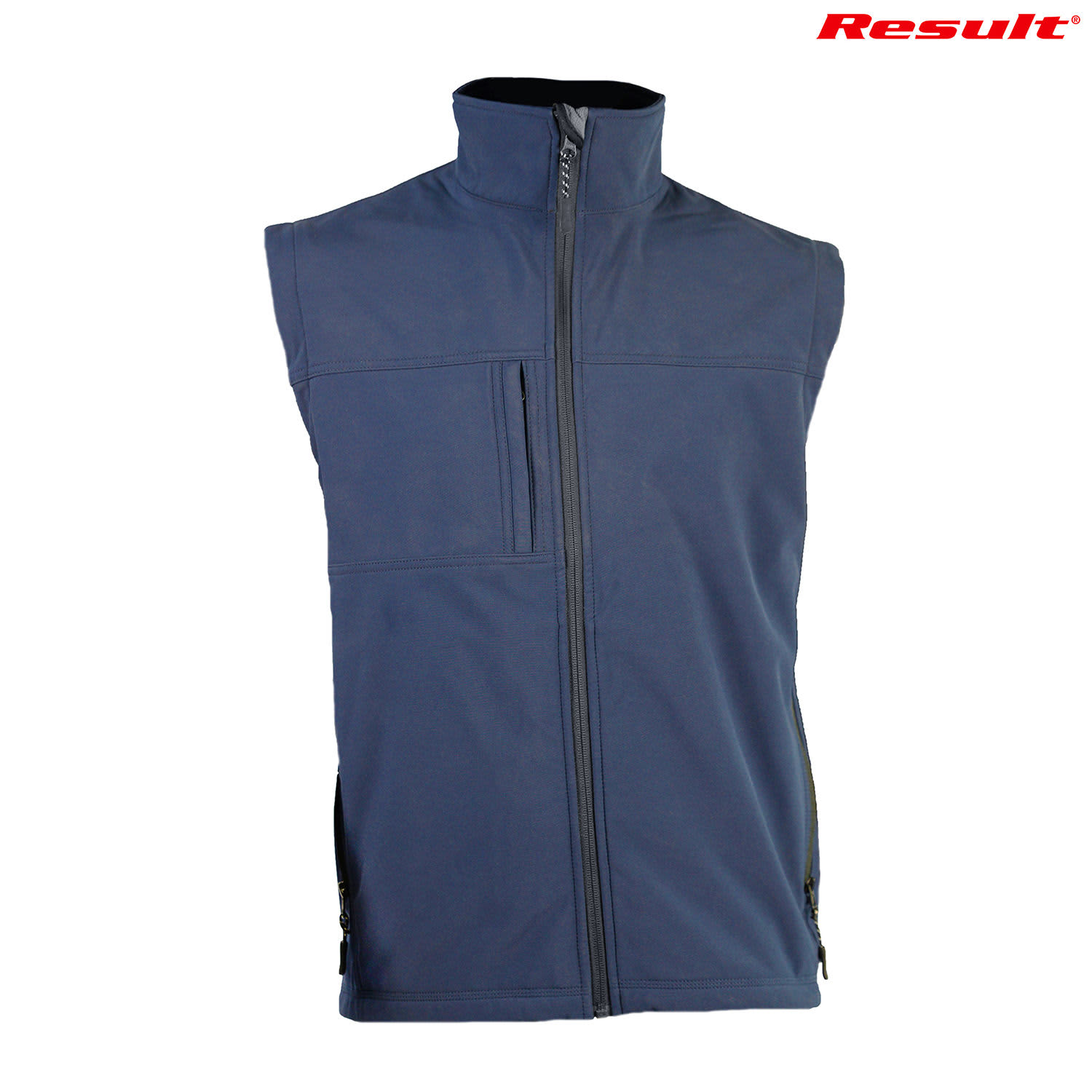 A navy blue adults classic softshell vest featuring a zippered front and pockets, with a logo displayed.