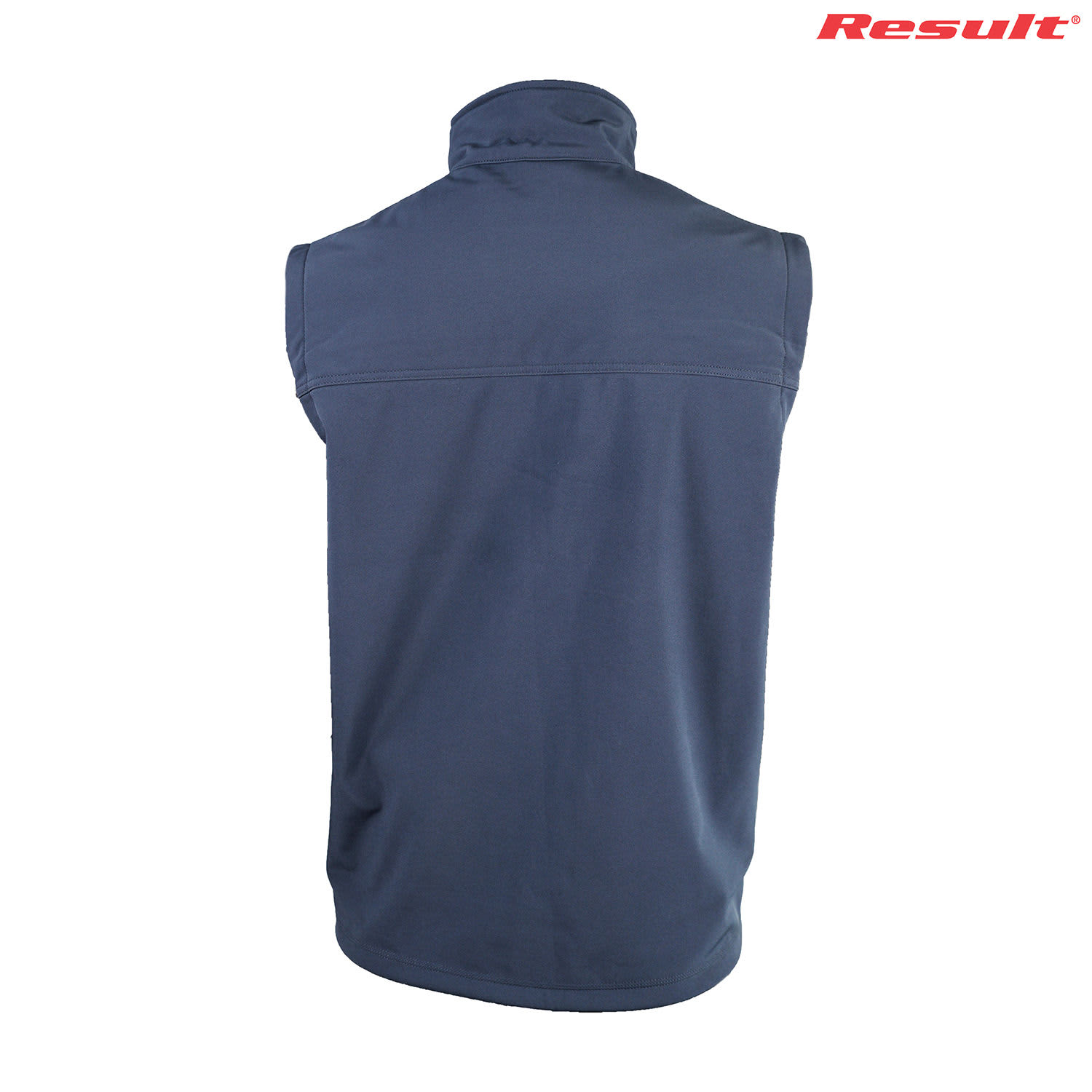 A blue softshell vest with a high collar and no sleeves, featuring a logo.
