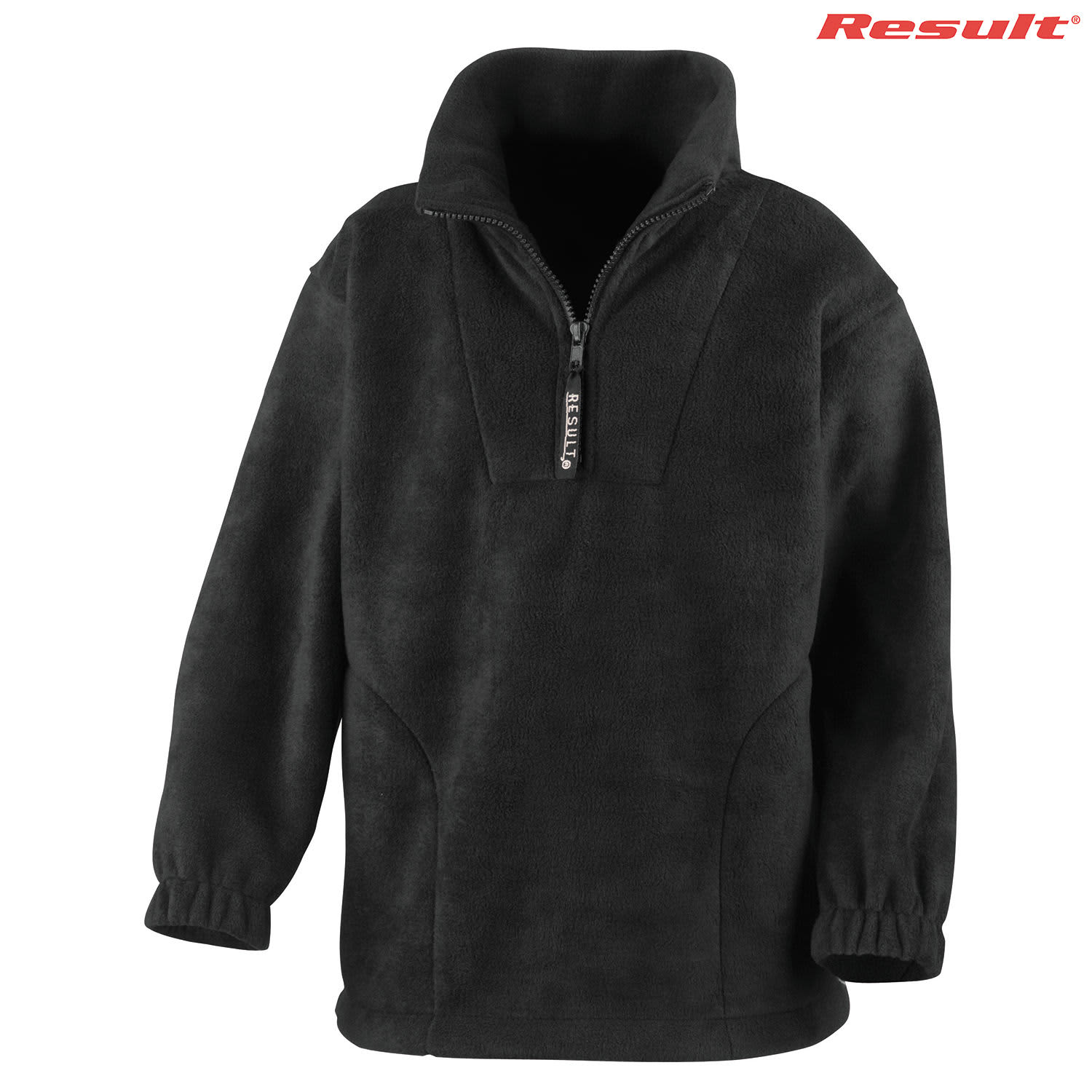 A black fleece jumper featuring a quarter zip and a stand-up collar, with elasticated cuffs and a logo.