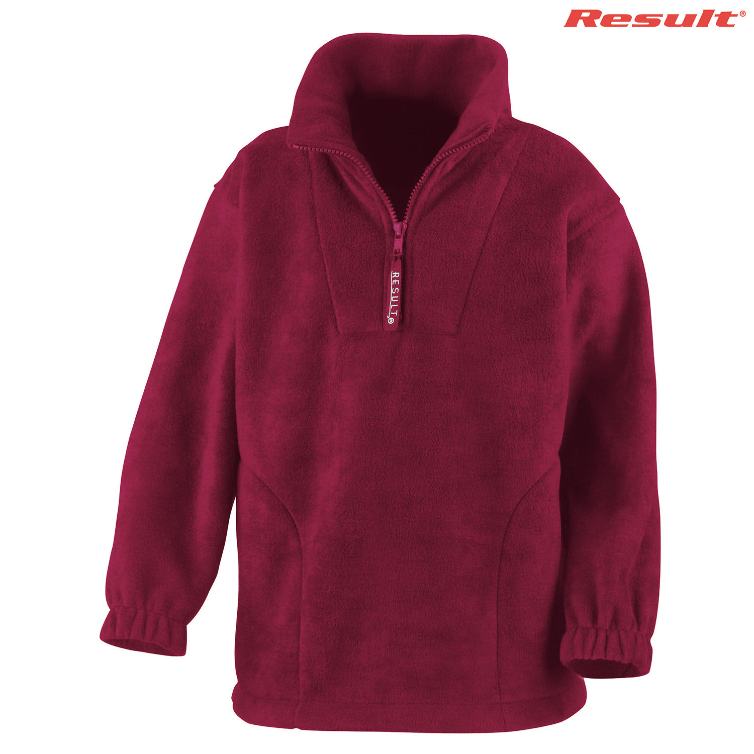 A maroon Polartherm quarter-zip jumper with a mandarin collar and elasticated cuffs. Features branding on the side.