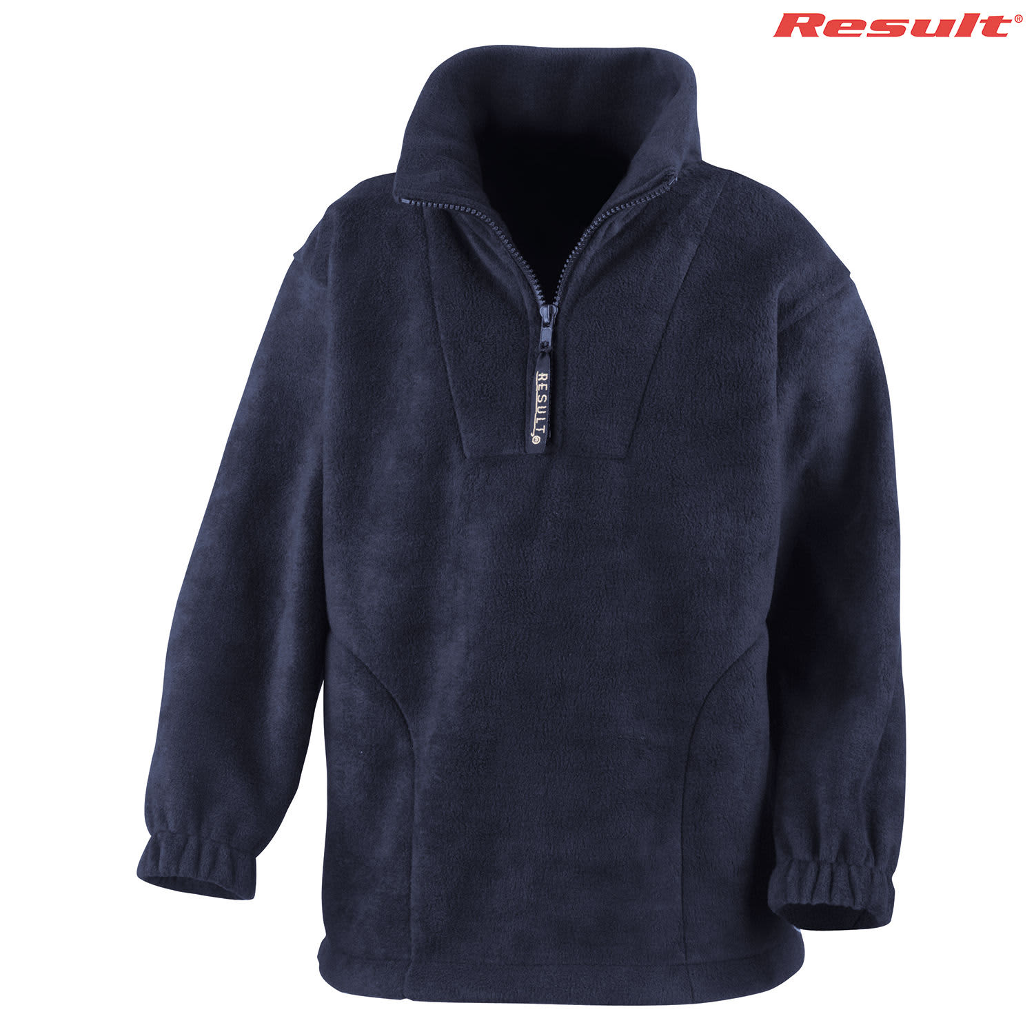 A navy polar fleece jumper featuring a quarter zip and a high collar. It has elasticated cuffs and a logo.